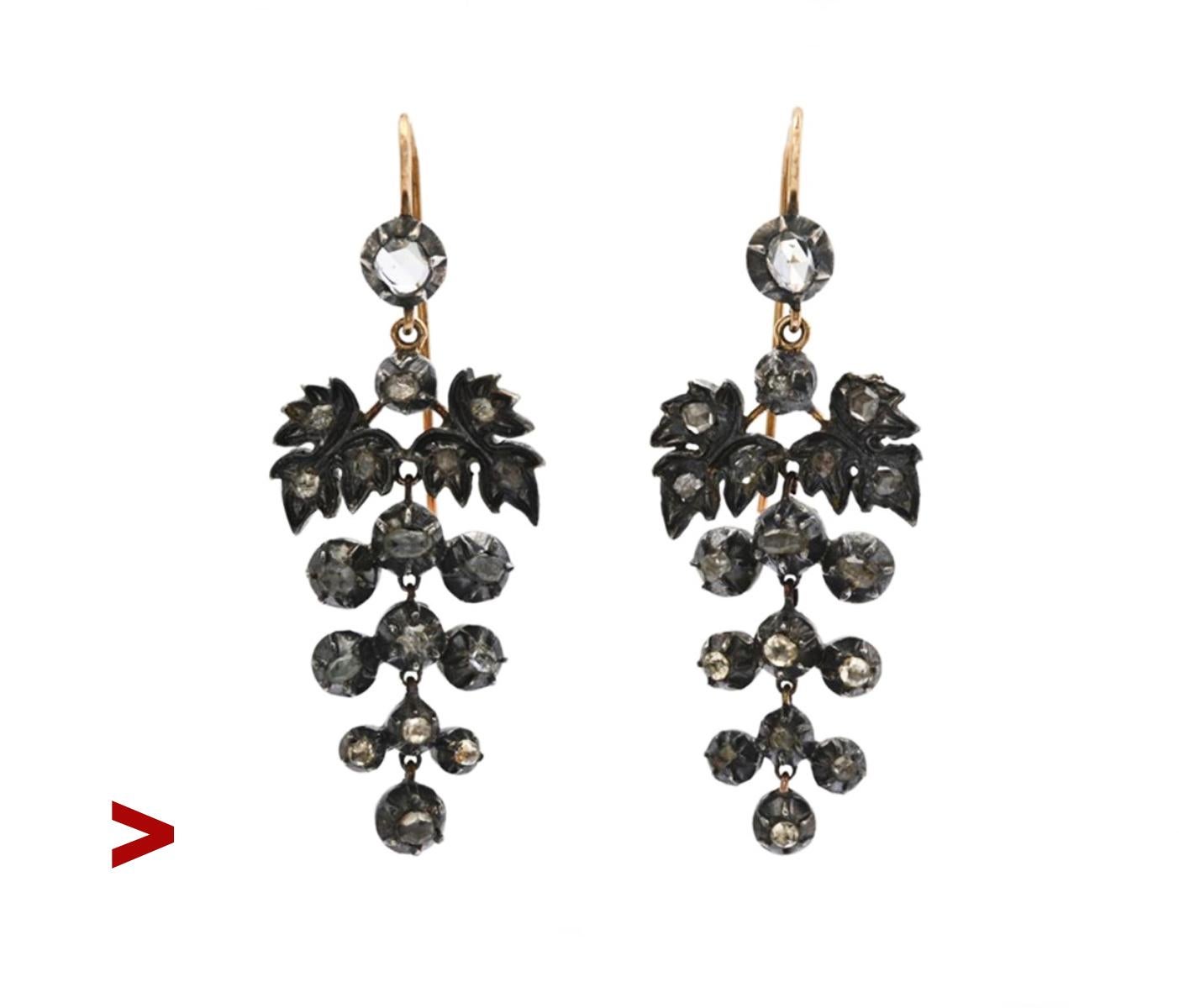 Old European Chandelier Diamond Earrings with Silver over 18K Gold  earrings designed as leafed clusters of hanging grapes. Ca. early 19th century, no hallmarks. 

Each earring measures 53 mm x 20 mm x 3.6mm

Firm hooks, articulated parts. Solitaire