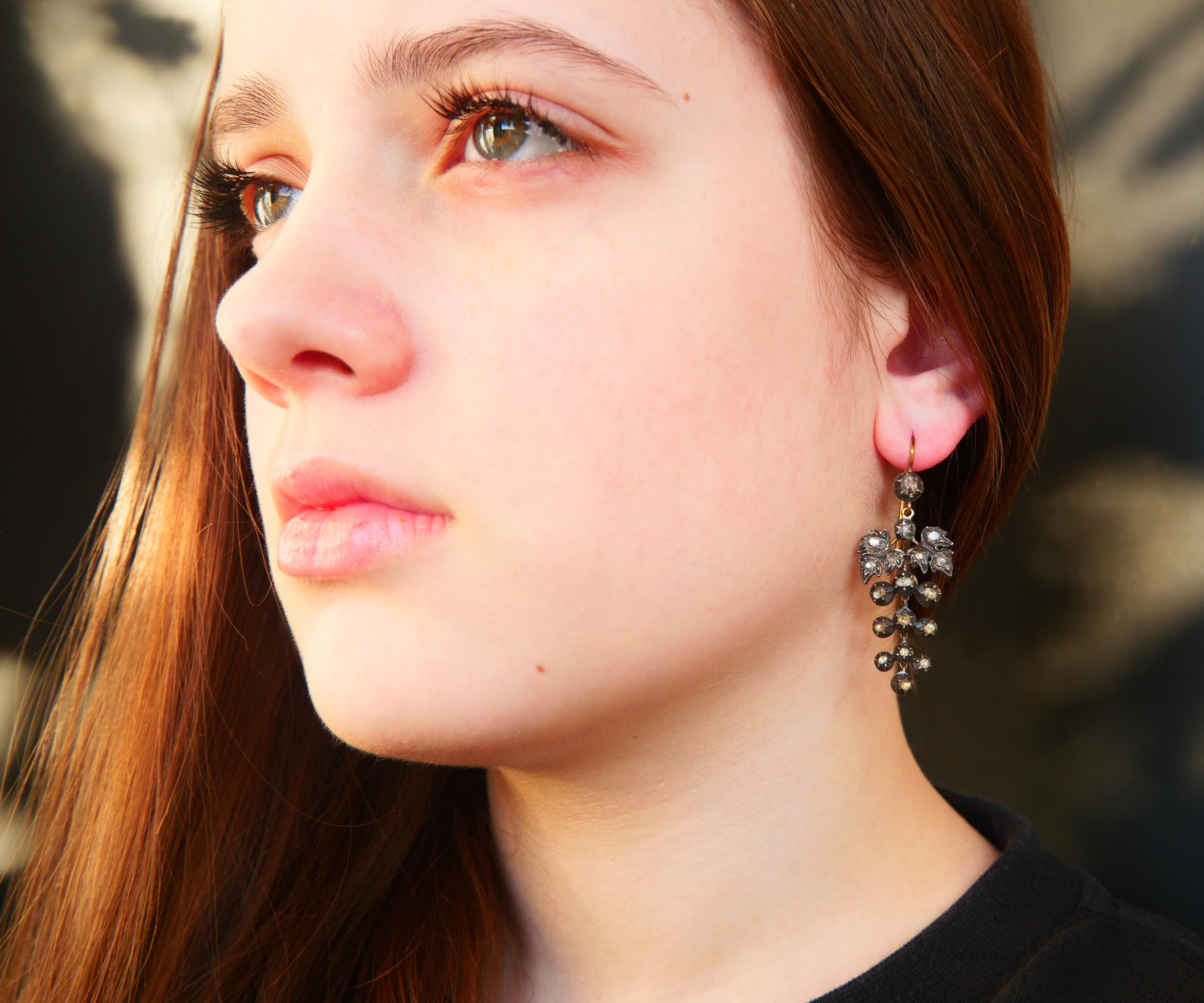 Rose Cut Antique Chandelier Grapes Earrings 3.5ctw Diamonds solid 18K Gold Silver / 14.7g For Sale