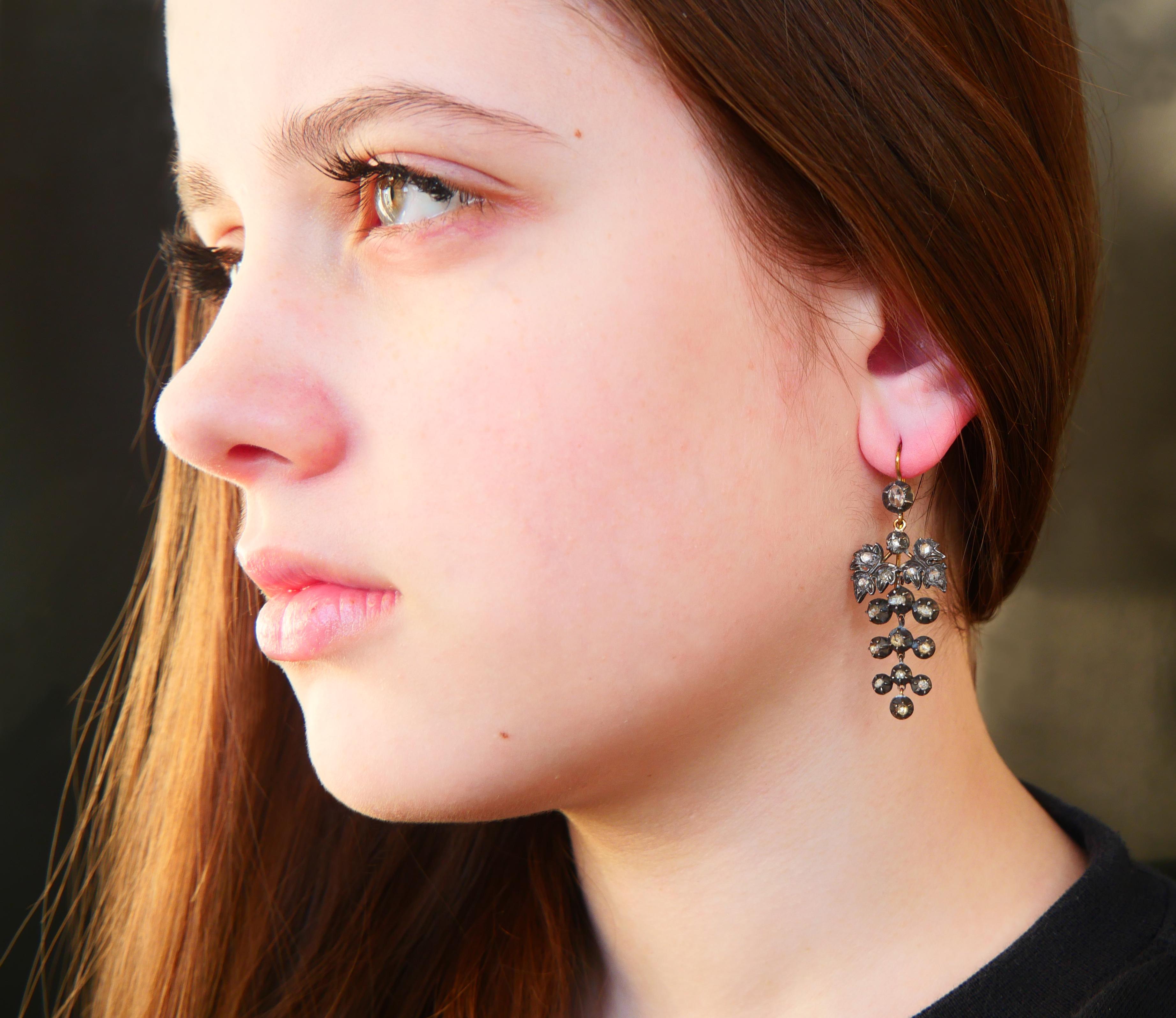 Antique Chandelier Grapes Earrings 3.5ctw Diamonds solid 18K Gold Silver / 14.7g For Sale 1