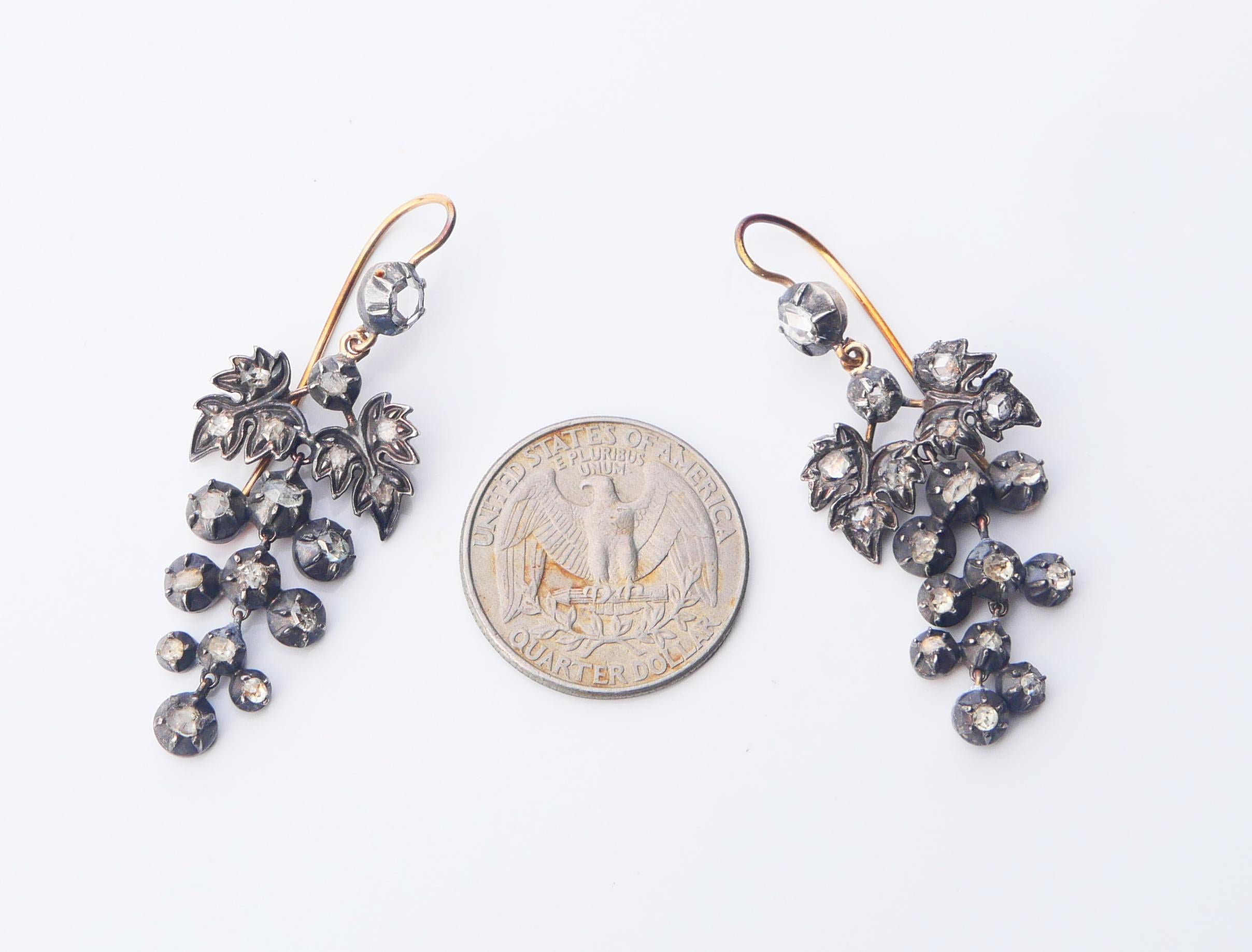 Antique Chandelier Grapes Earrings 3.5ctw Diamonds solid 18K Gold Silver / 14.7g For Sale 5
