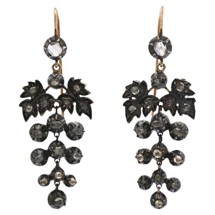 Antique Chandelier Grapes Earrings 3.5ctw Diamonds solid 18K Gold Silver / 14.7g For Sale
