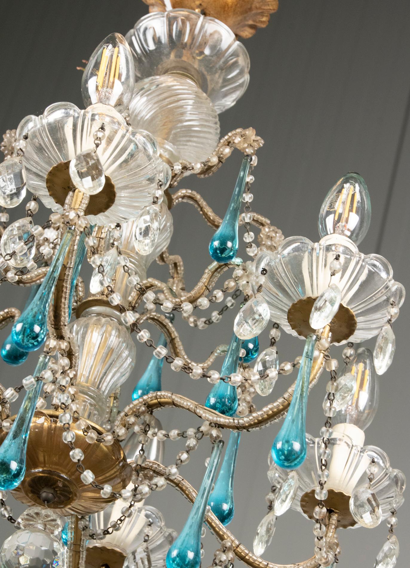 Antique Chandelier Lamp with Murano Blue Crystal Drops 1