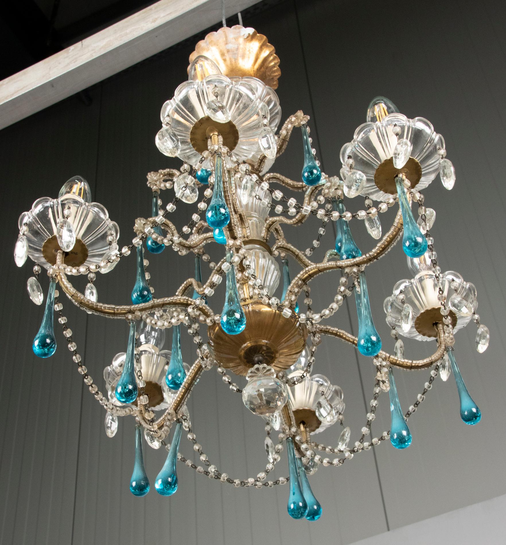 Antique Chandelier Lamp with Murano Blue Crystal Drops 2
