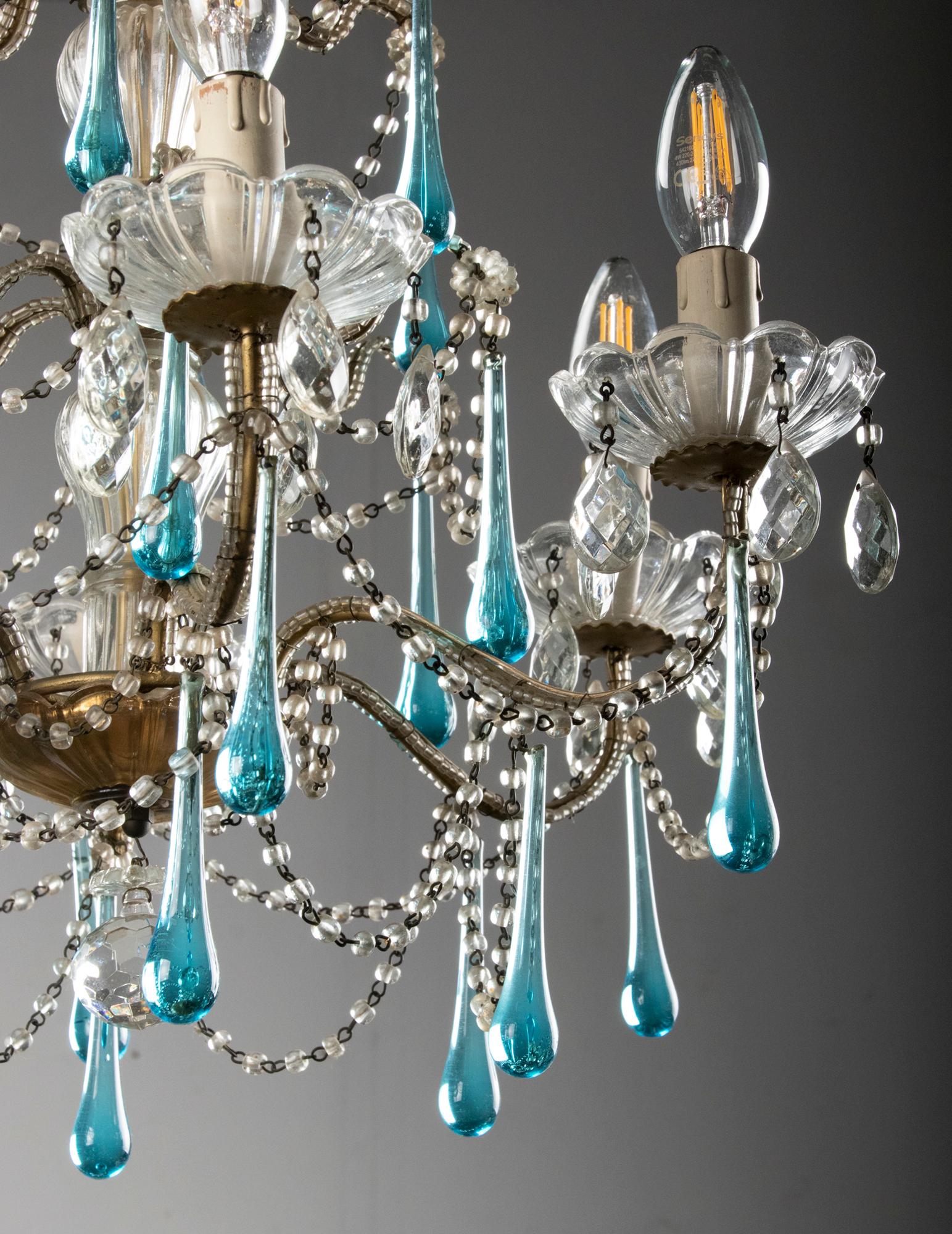 Antique Chandelier Lamp with Murano Blue Crystal Drops 4