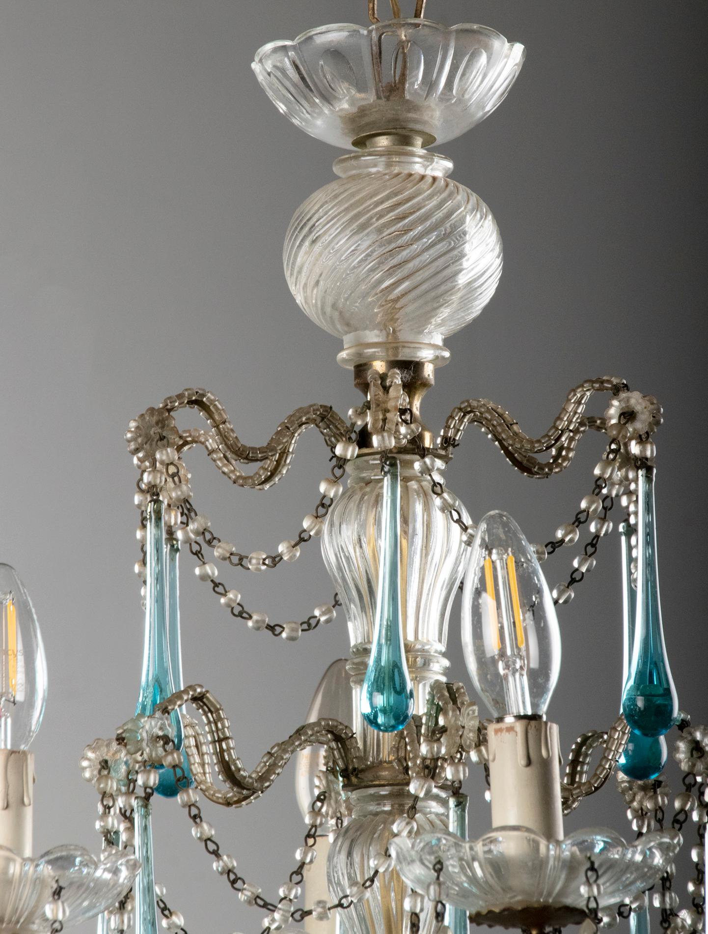 Antique Chandelier Lamp with Murano Blue Crystal Drops 5