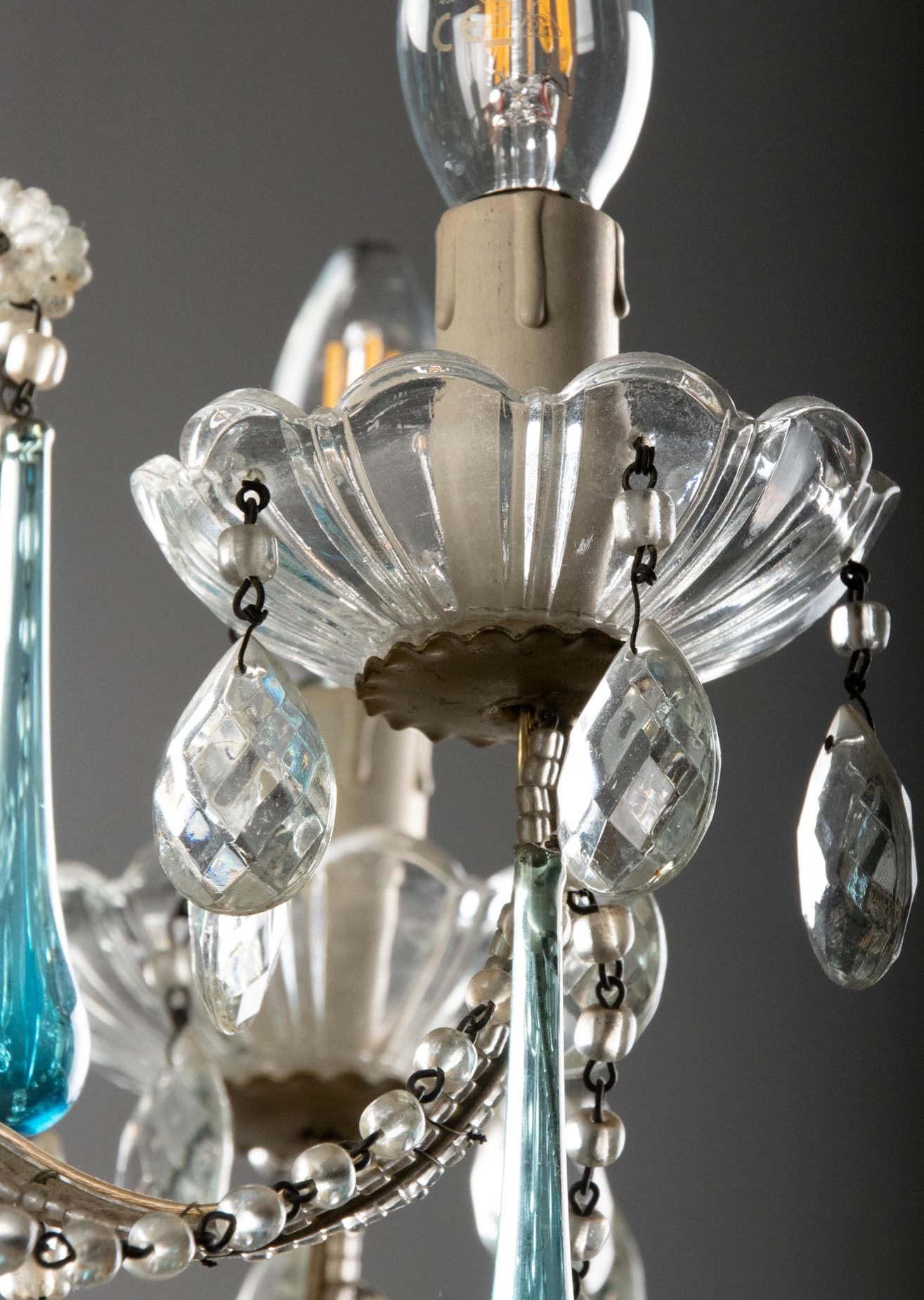 Antique Chandelier Lamp with Murano Blue Crystal Drops 6