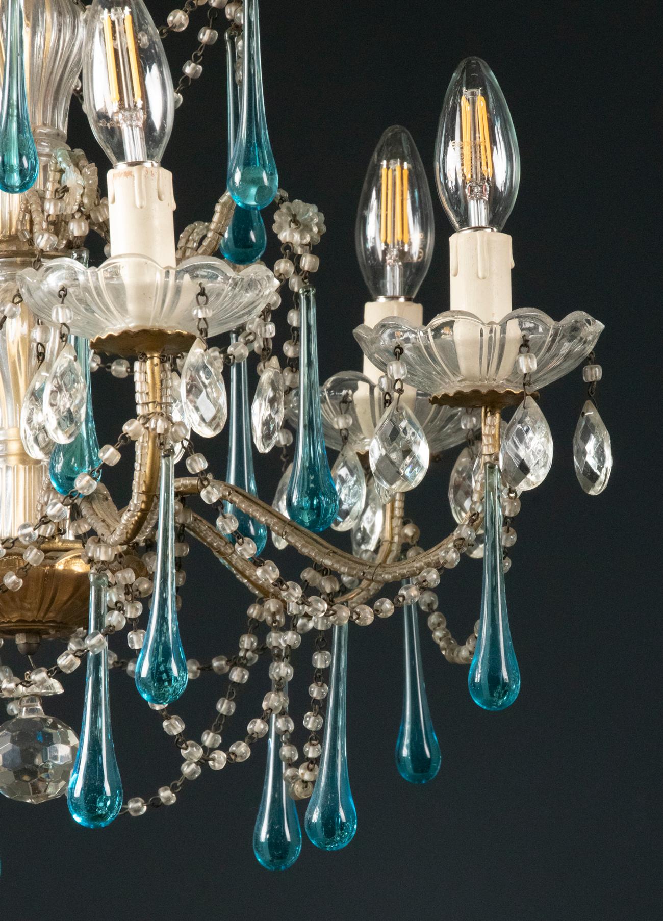 Antique Chandelier Lamp with Murano Blue Crystal Drops 7