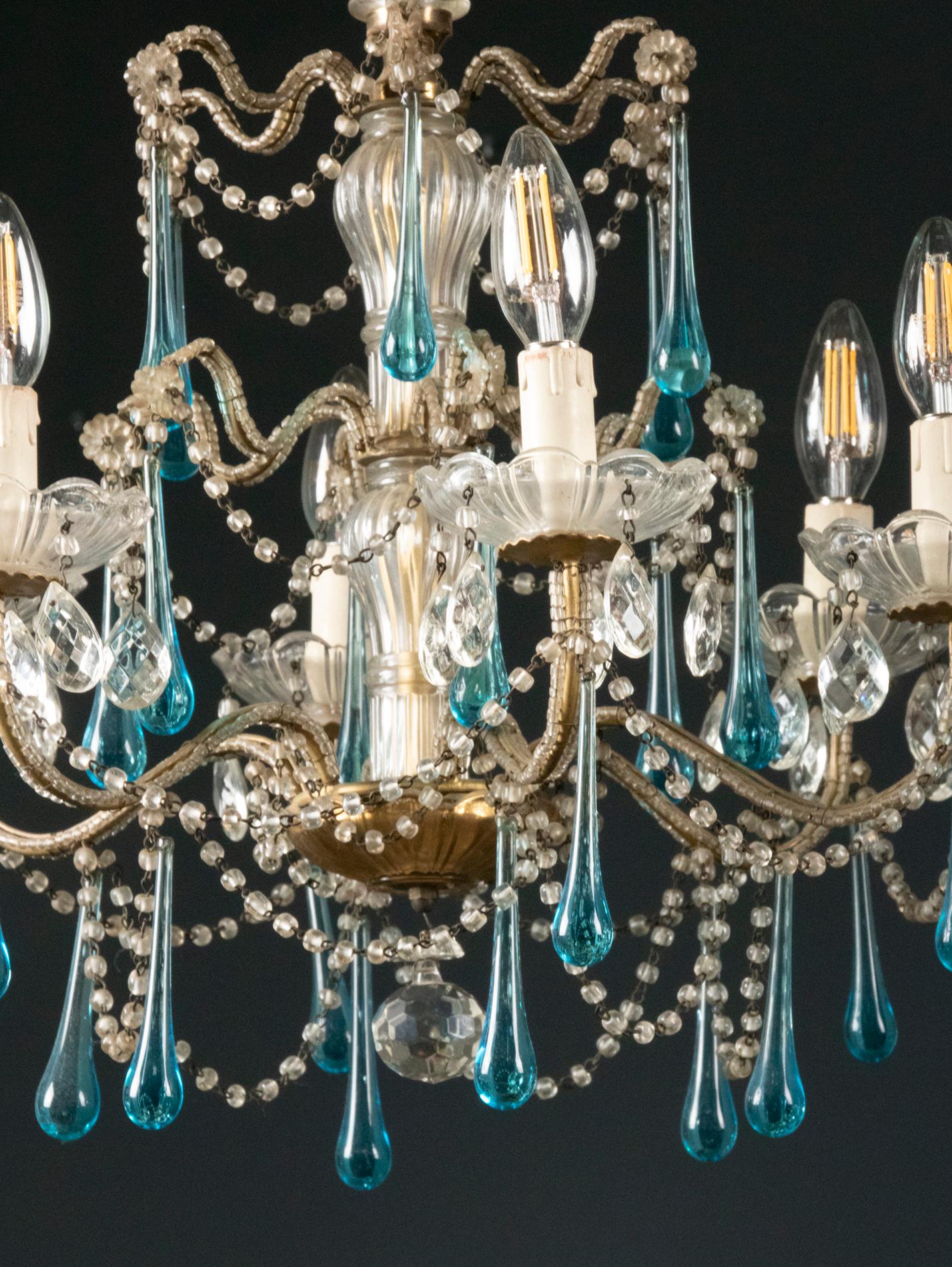 Antique Chandelier Lamp with Murano Blue Crystal Drops 8