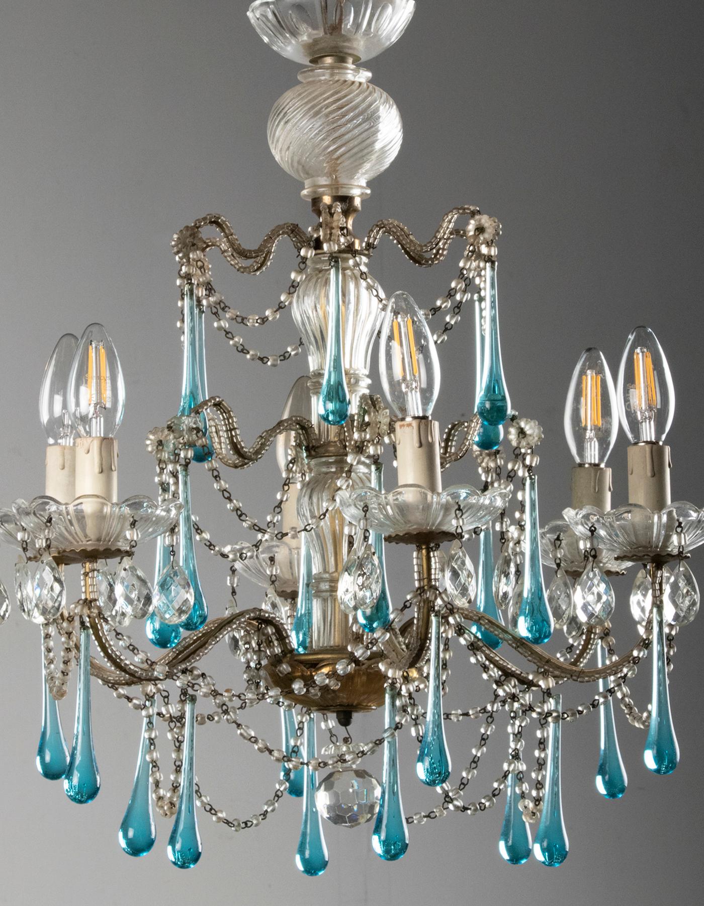 Antique Chandelier Lamp with Murano Blue Crystal Drops 9