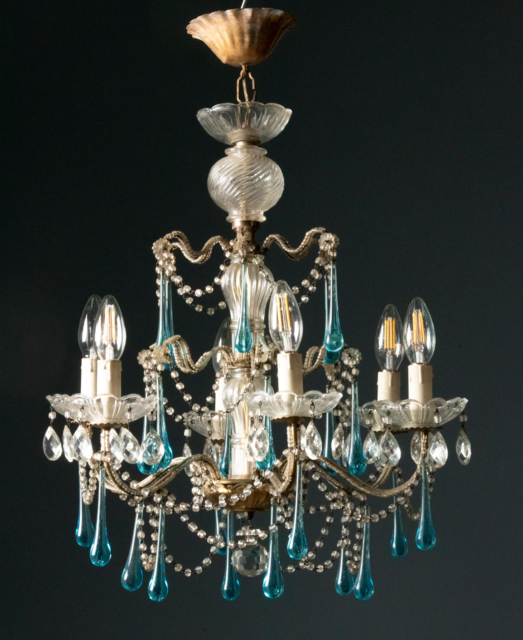 Antique Chandelier Lamp with Murano Blue Crystal Drops 10