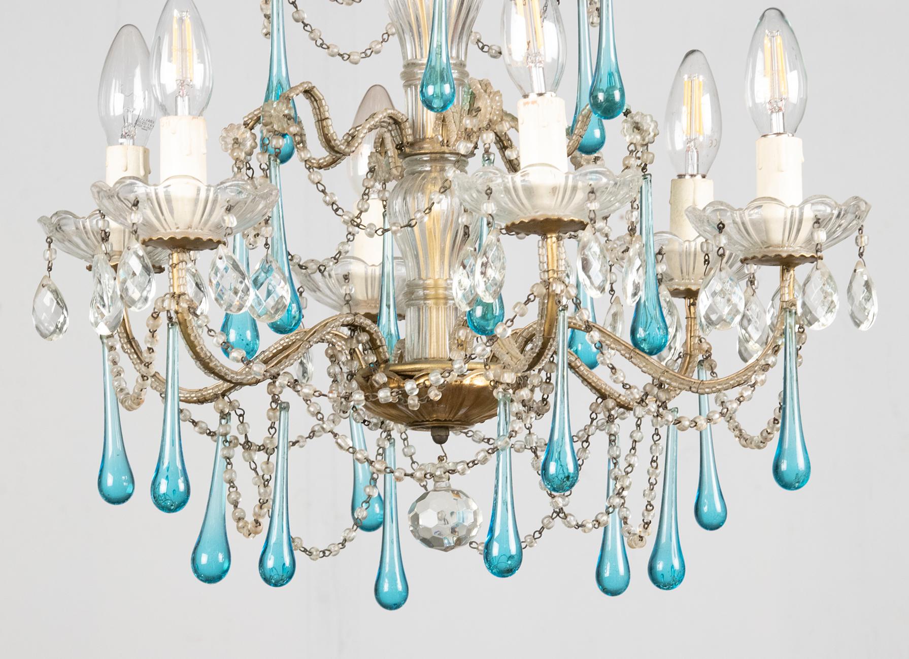 Romantic Antique Chandelier Lamp with Murano Blue Crystal Drops