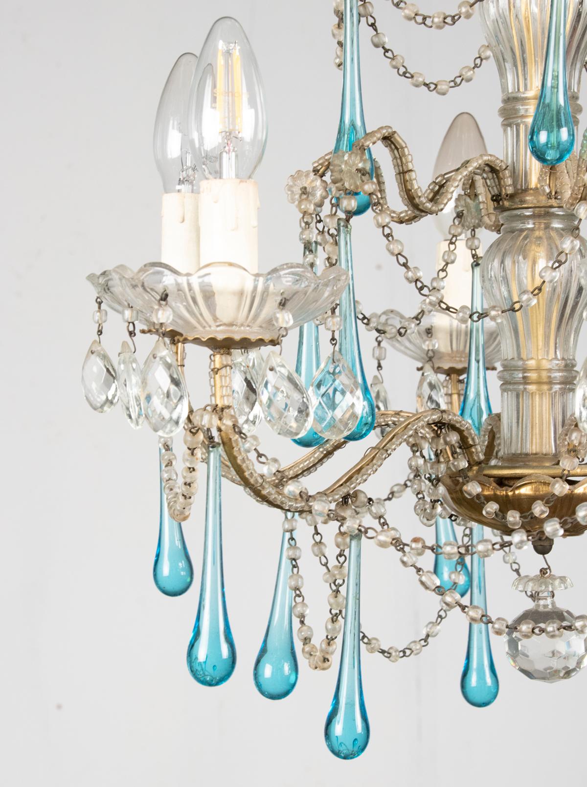 French Antique Chandelier Lamp with Murano Blue Crystal Drops