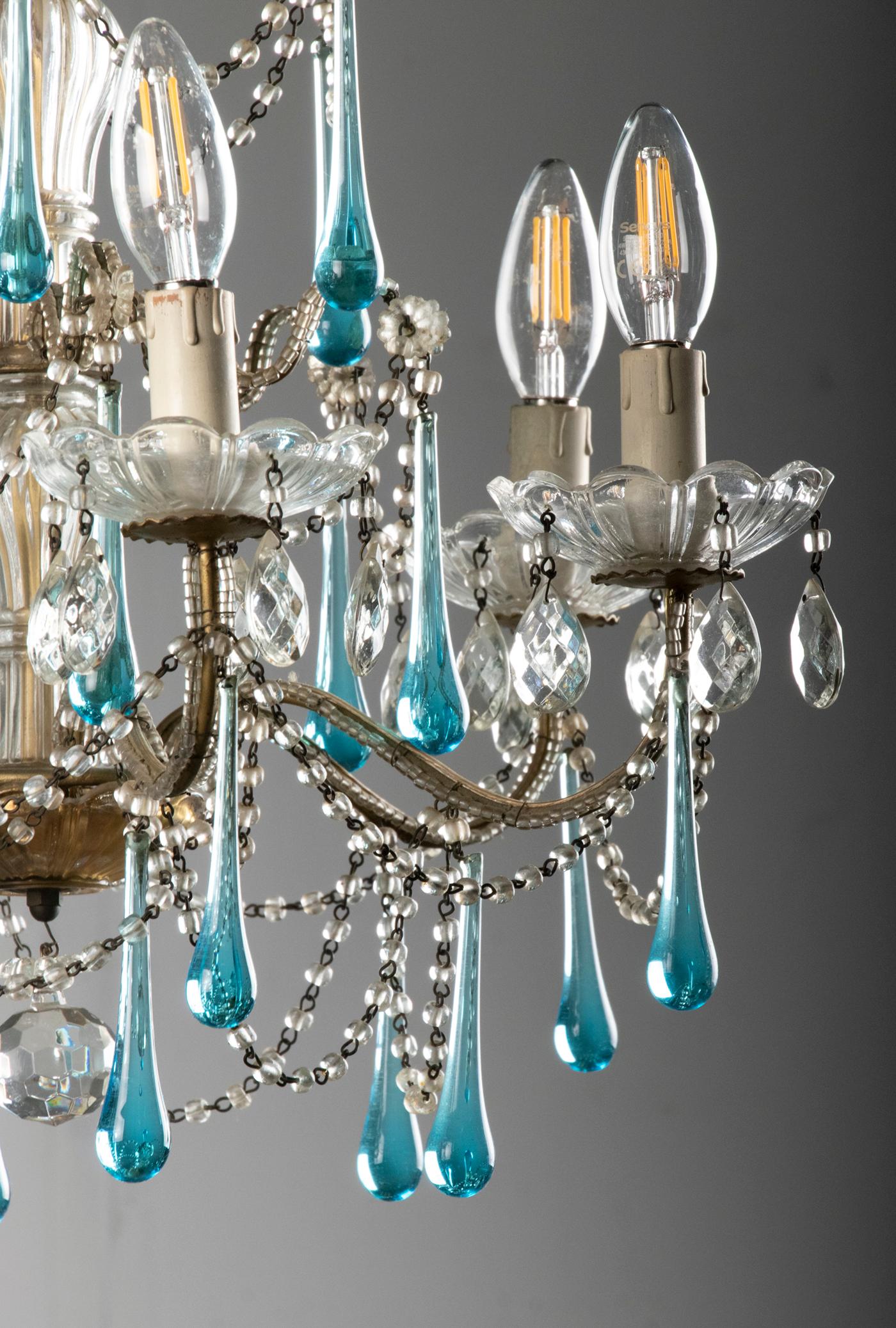 Hand-Crafted Antique Chandelier Lamp with Murano Blue Crystal Drops