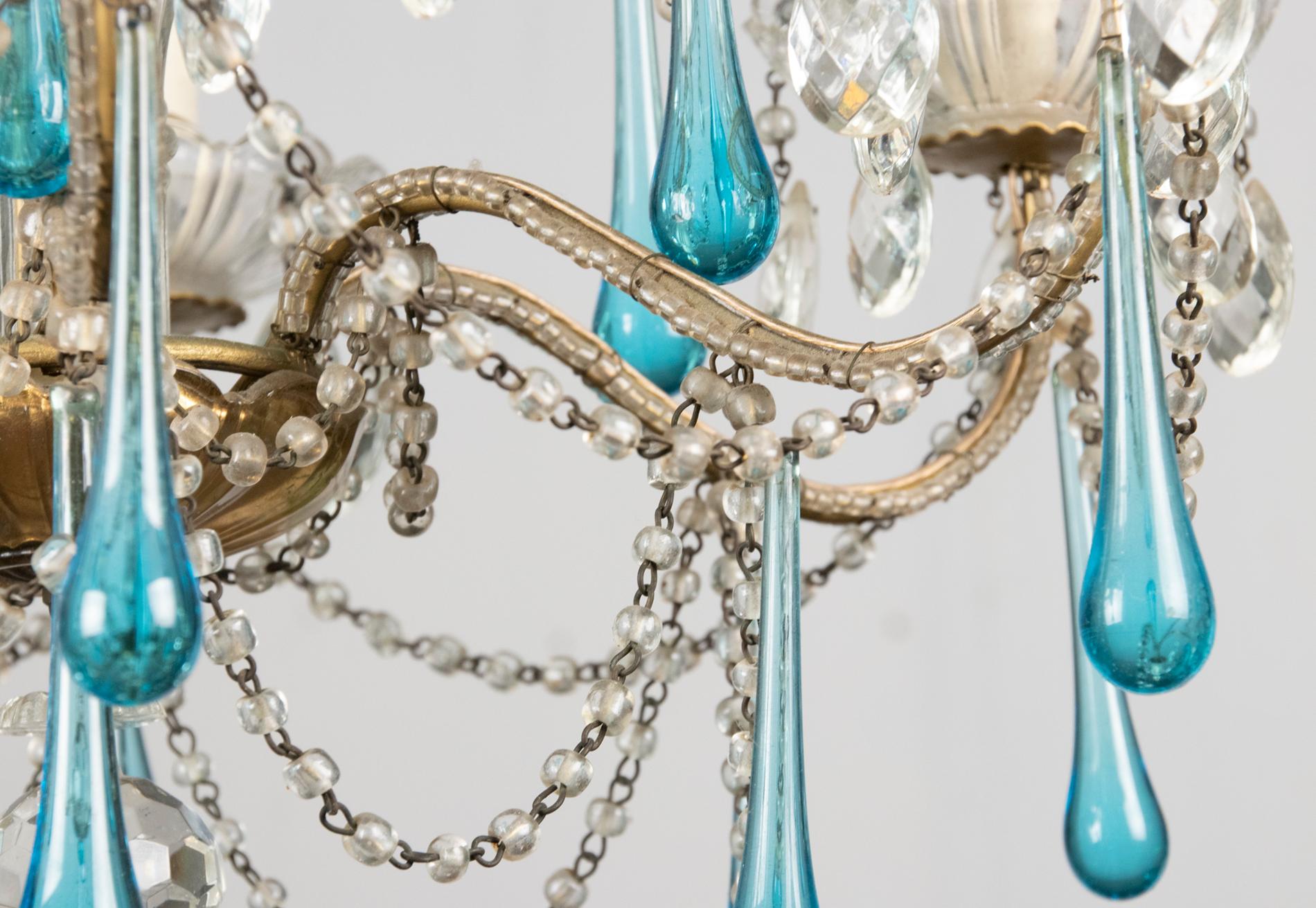 Antique Chandelier Lamp with Murano Blue Crystal Drops In Good Condition In Casteren, Noord-Brabant
