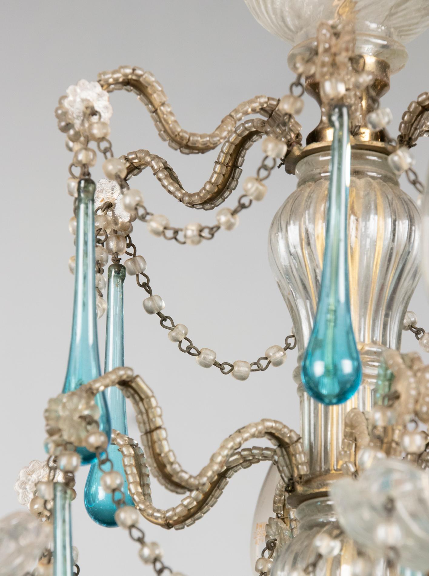 20th Century Antique Chandelier Lamp with Murano Blue Crystal Drops