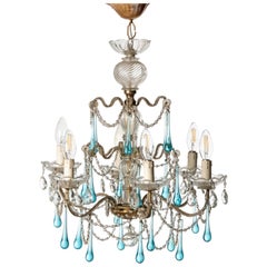Antique Chandelier Lamp with Murano Blue Crystal Drops