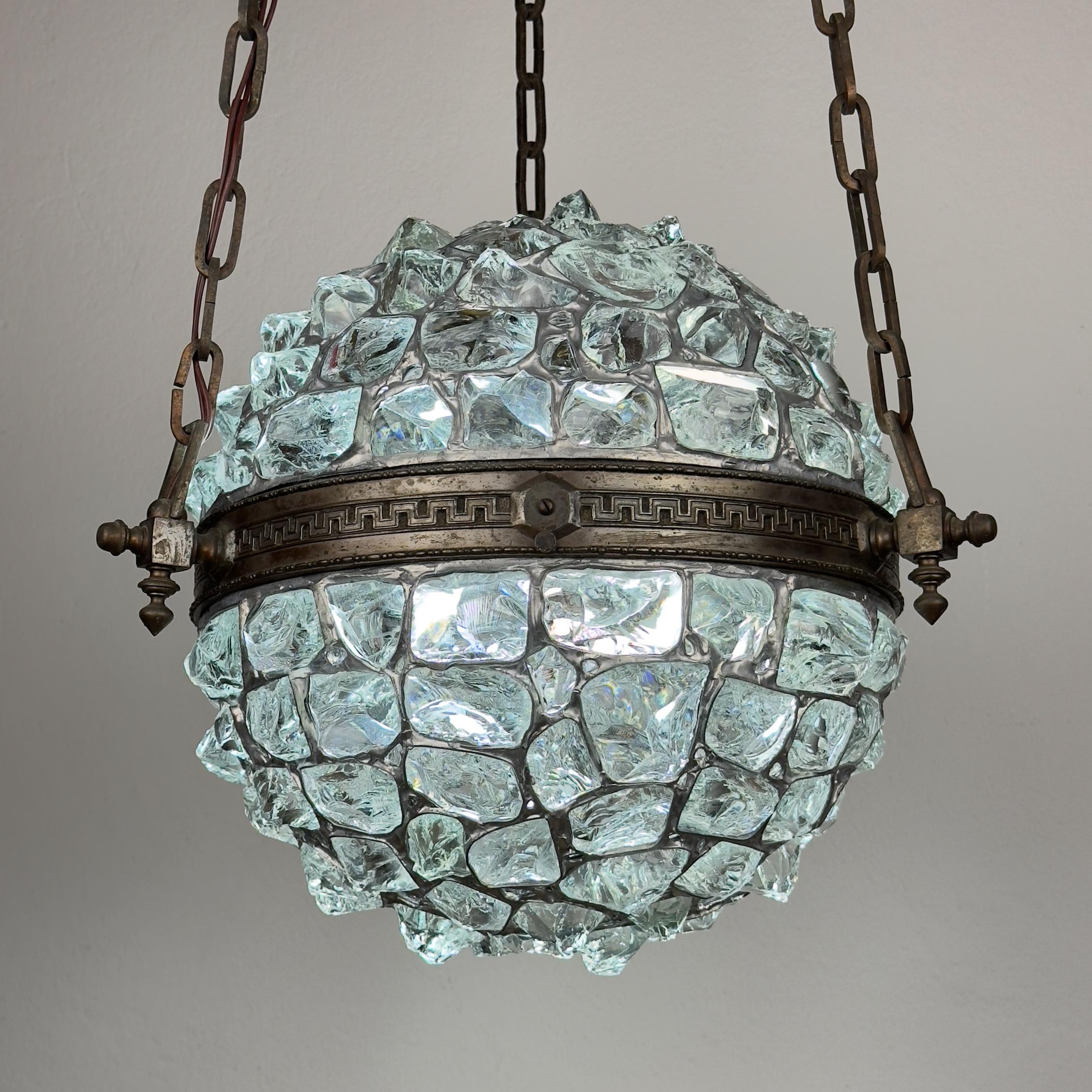 Bronze Antique chandelier on chains in Art Nouveau style, Austria, early 20th century For Sale
