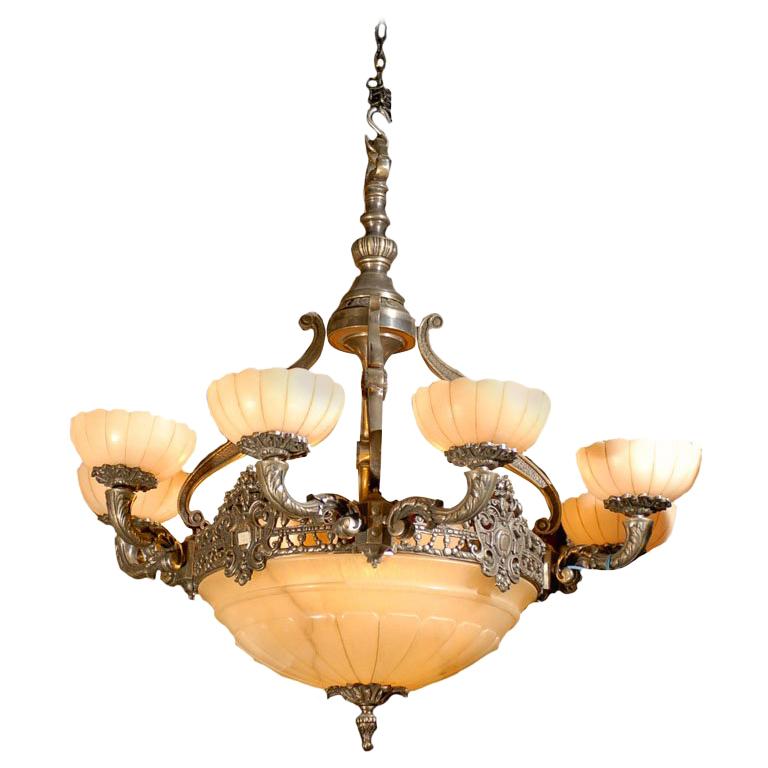 Antique Chandelier. Silver over bronze and alabaster chandelier