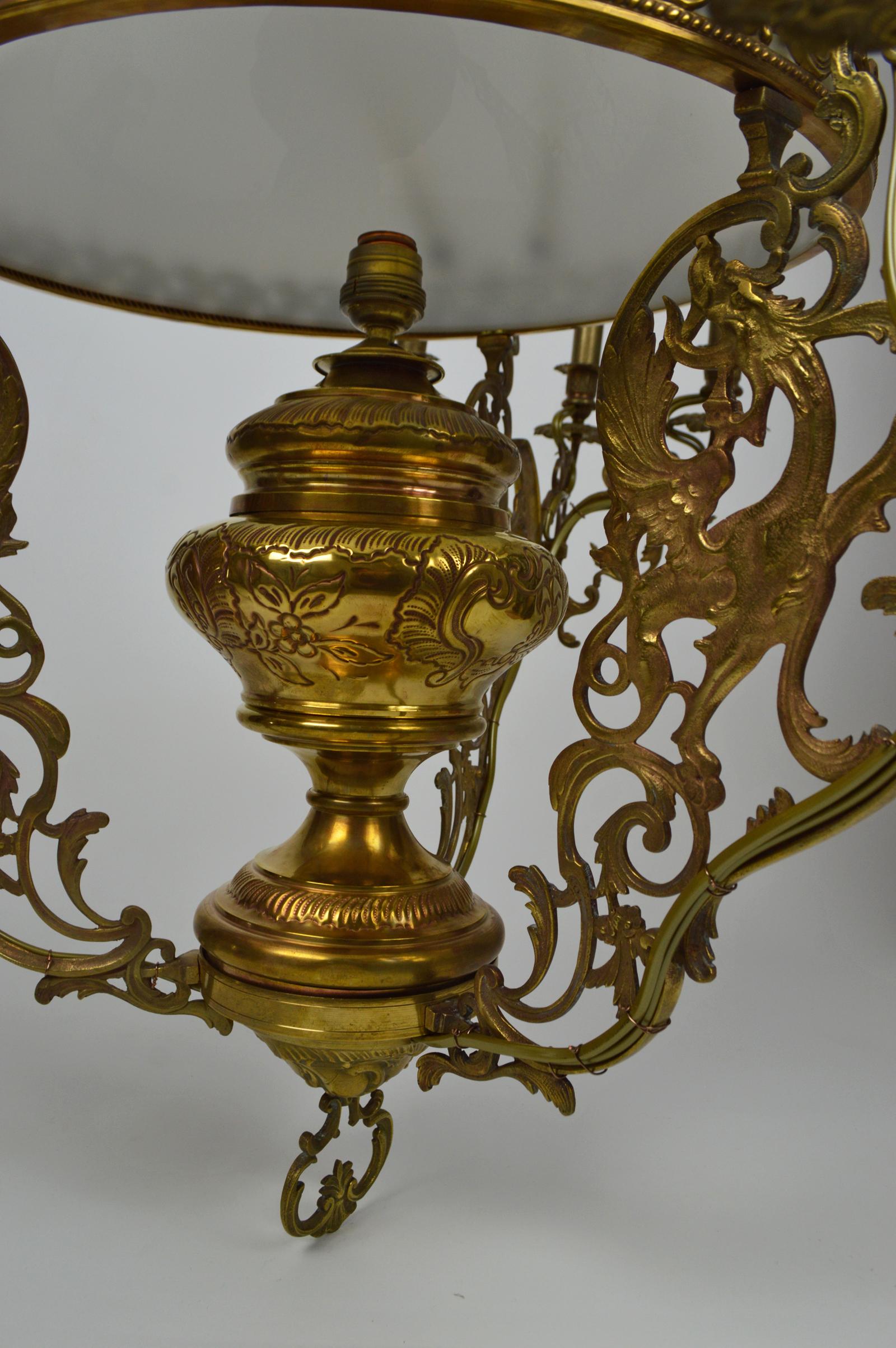 Art Nouveau Antique Chandelier with Dragons / Chimeras, in Bronze and Brass, circa 1890 For Sale