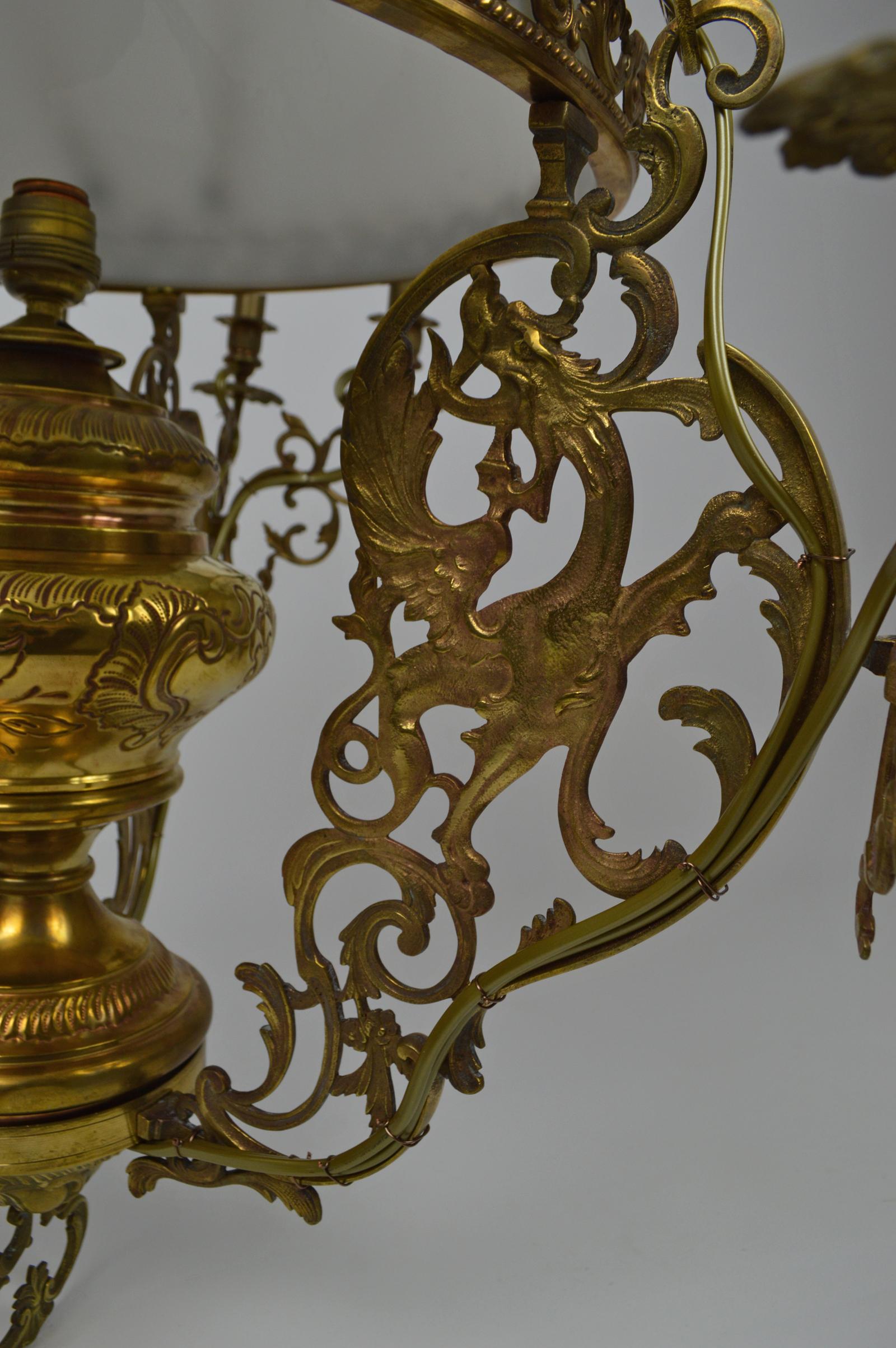 French Antique Chandelier with Dragons / Chimeras, in Bronze and Brass, circa 1890 For Sale