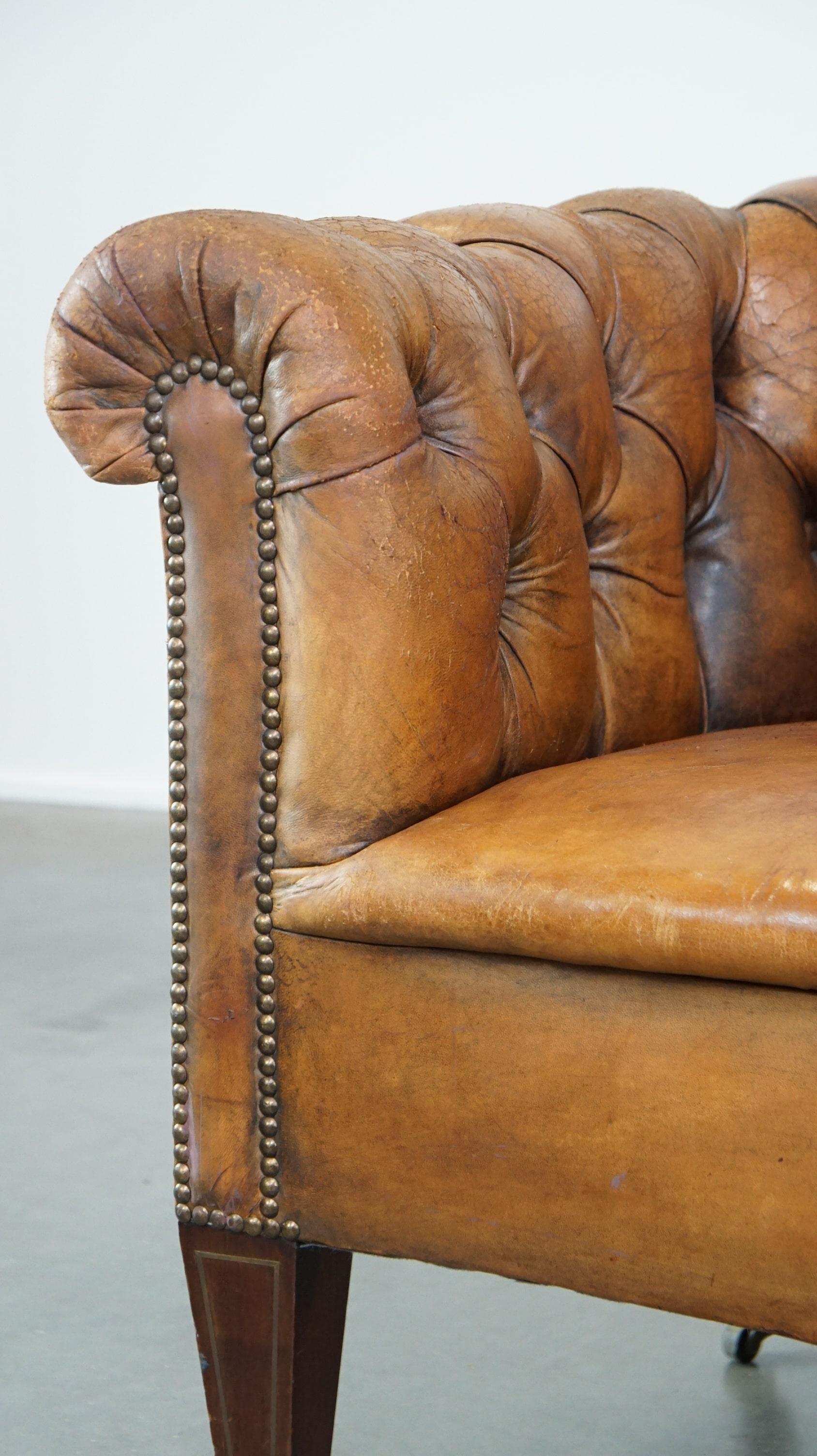 Antique, characteristic sheepskin chesterfield club chair on wheels For Sale 3