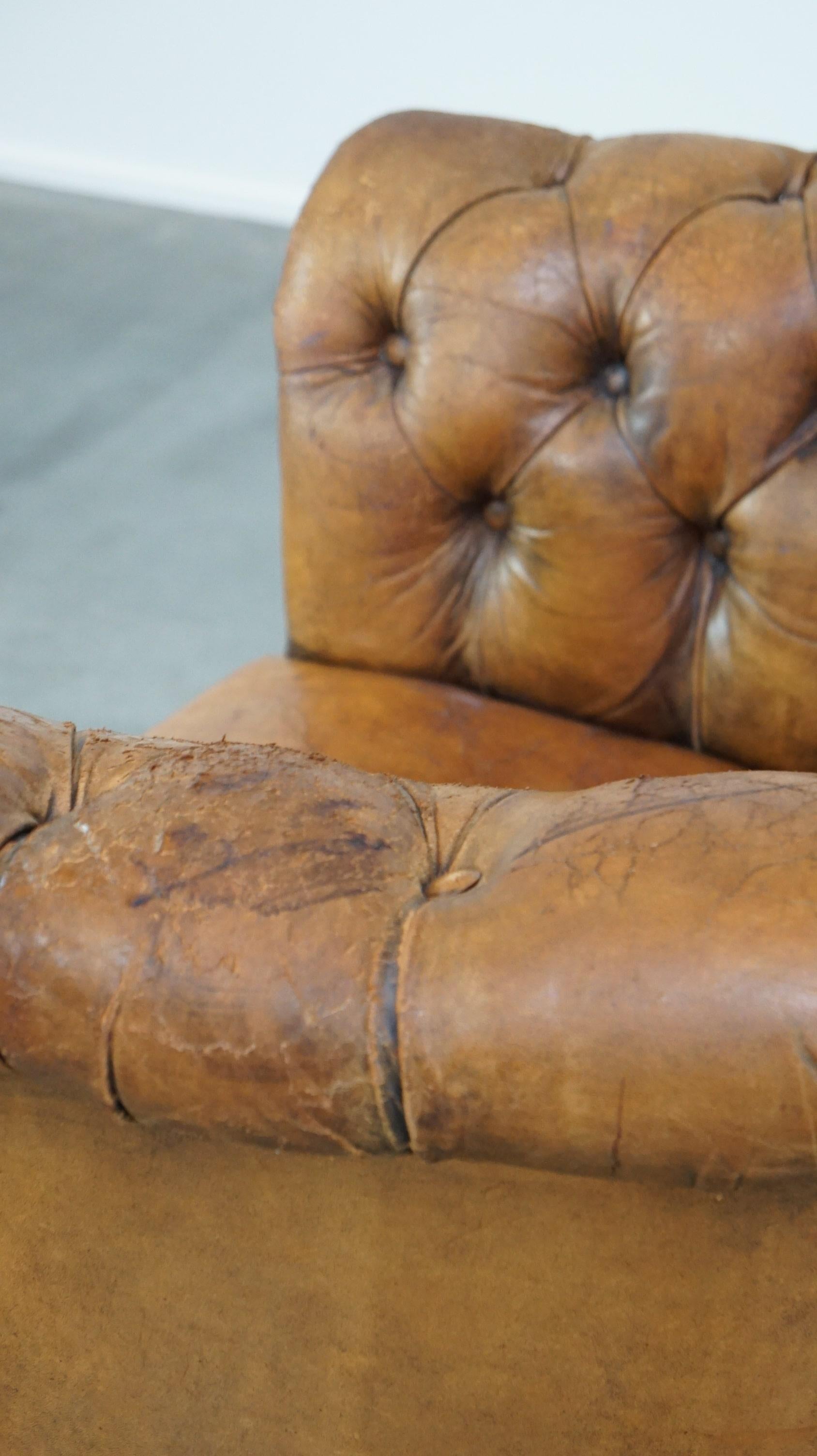 Antique, characteristic sheepskin chesterfield club chair on wheels For Sale 7