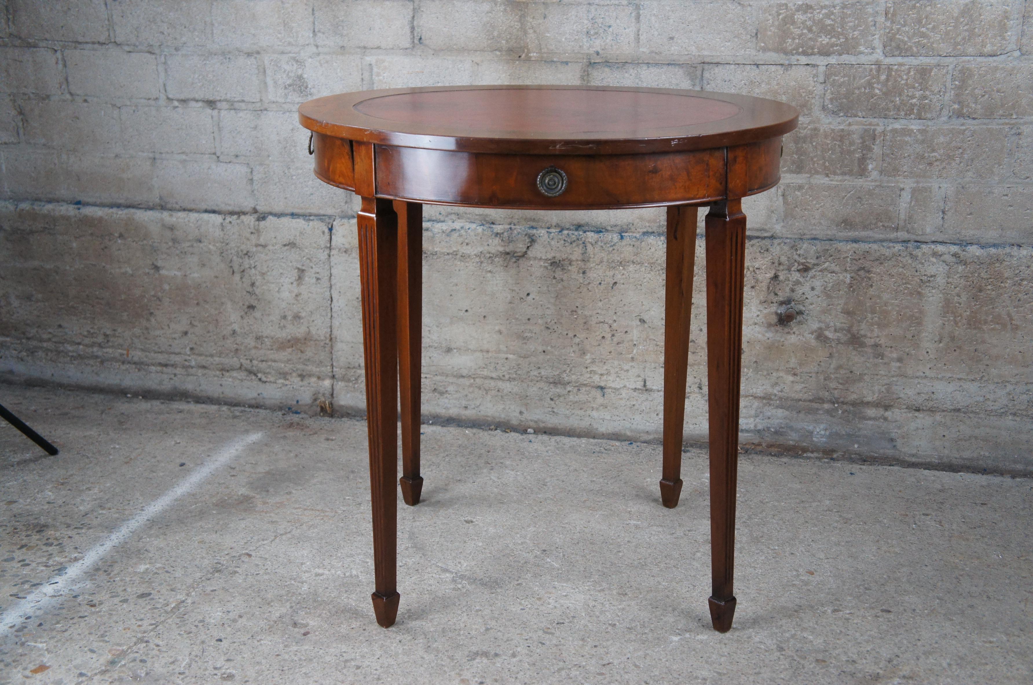 Antique Charak Sheraton Style Round Flame Mahogany Leather Top Side Accent Table For Sale 6
