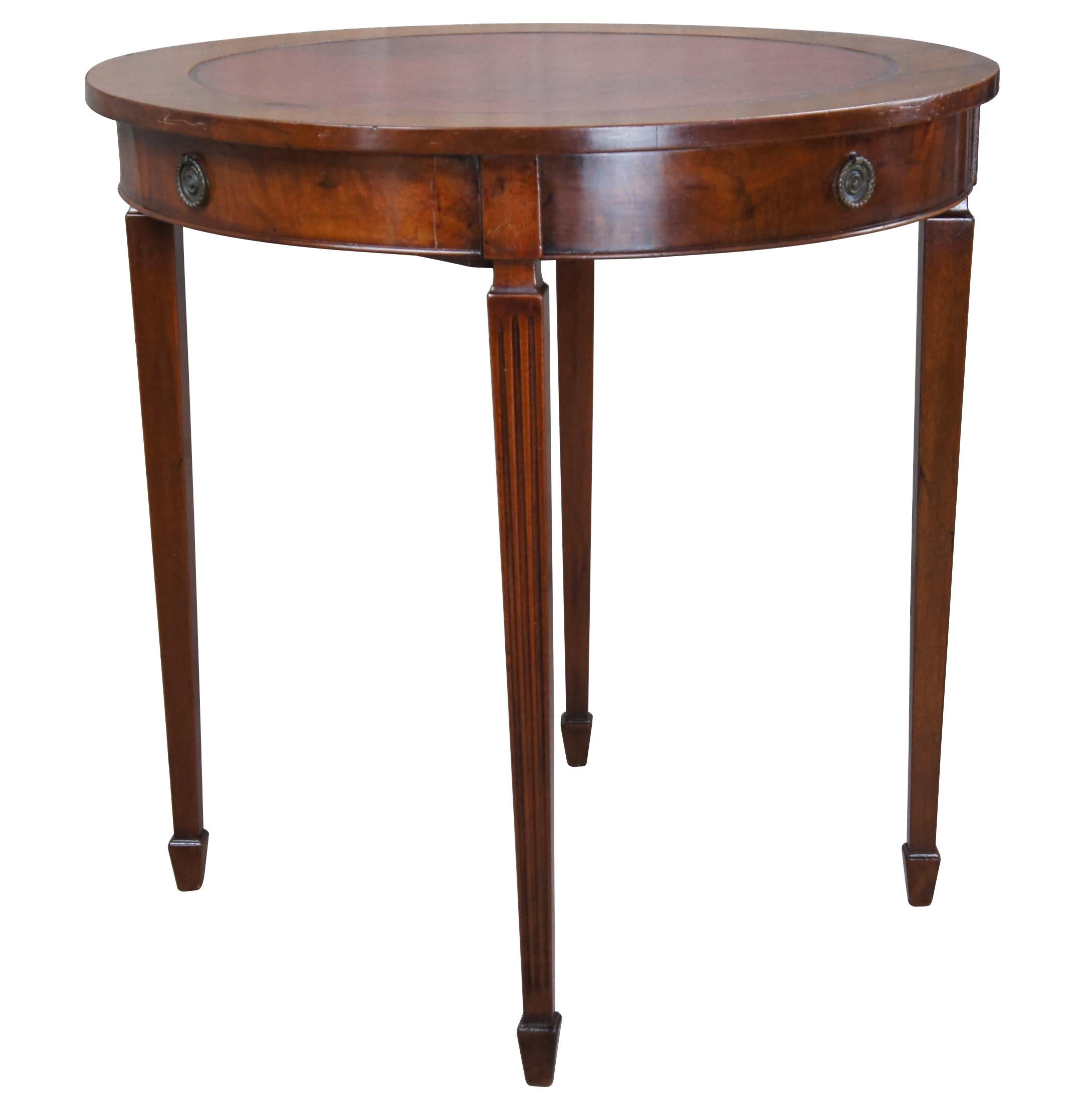 American Antique Charak Sheraton Style Round Flame Mahogany Leather Top Side Accent Table For Sale