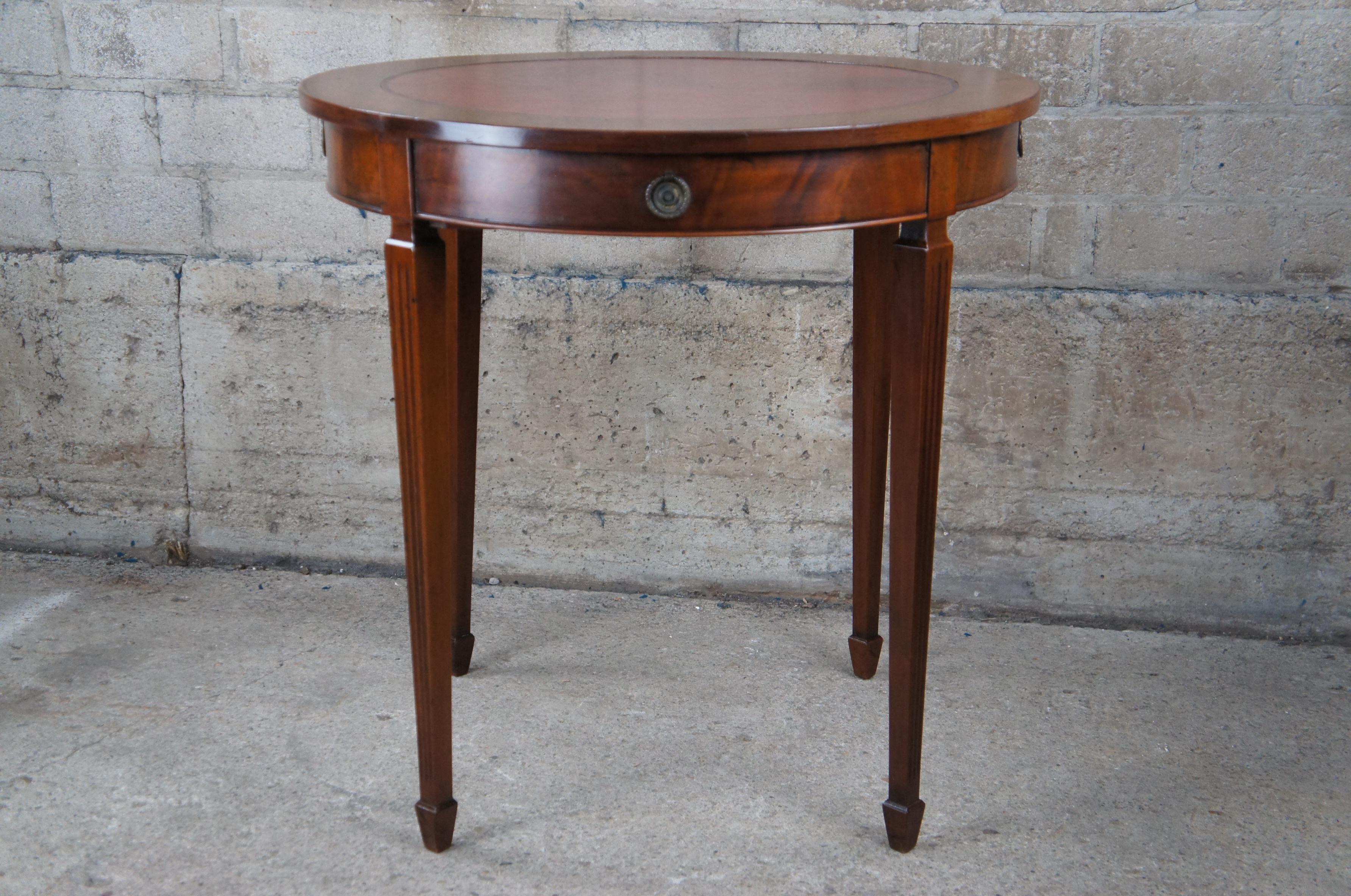 Antique Charak Sheraton Style Round Flame Mahogany Leather Top Side Accent Table For Sale 3