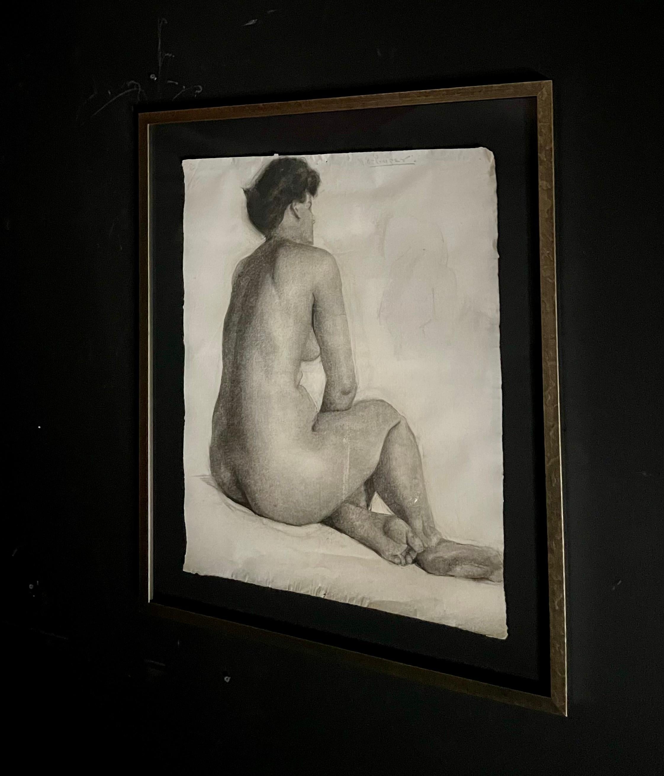 Late Victorian Antique Charcoal Framed Nude Drawing 24x30 For Sale