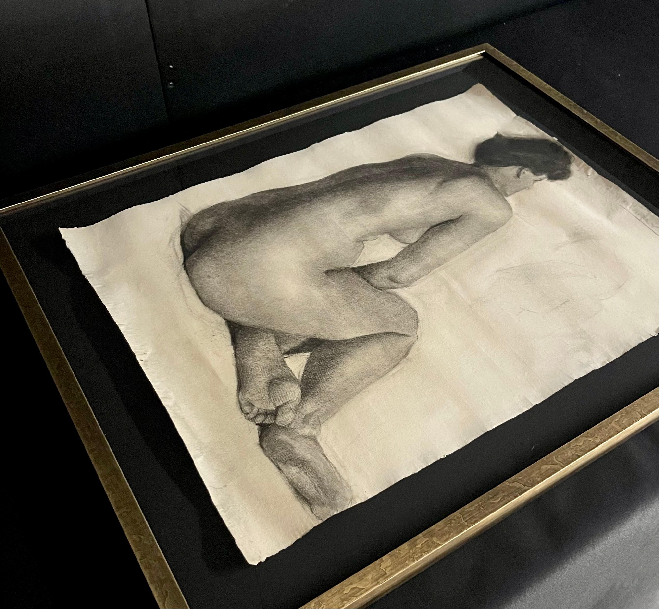English Antique Charcoal Framed Nude Drawing 24x30 For Sale