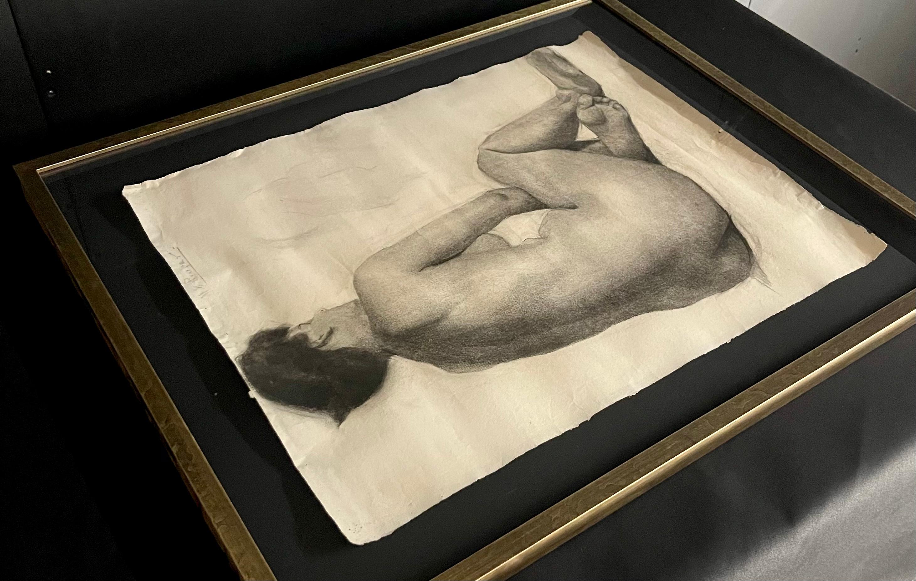 Antique Charcoal Framed Nude Drawing 24x30 In Good Condition For Sale In Mckinney, TX