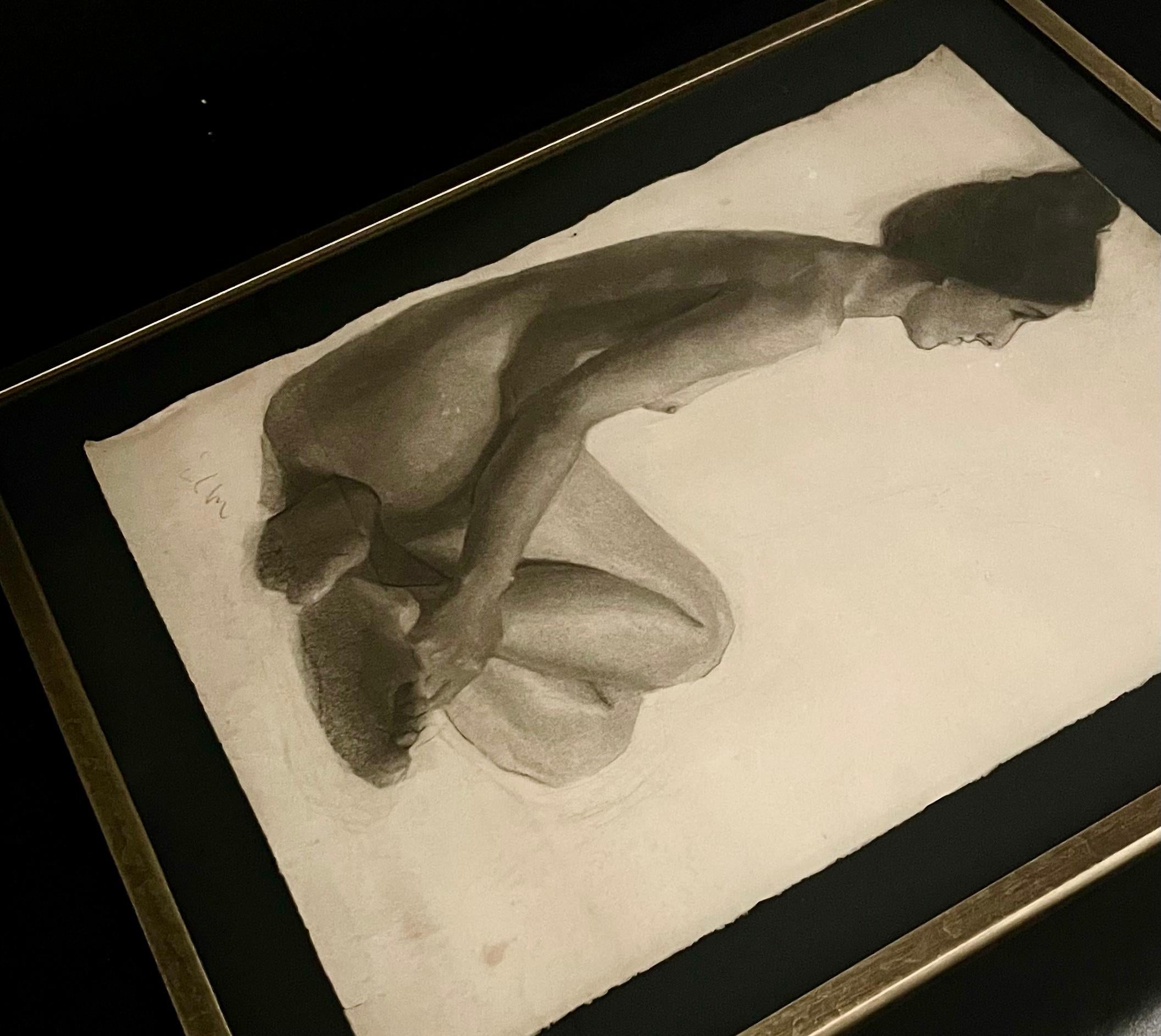 Early 20th Century Antique Charcoal Framed Nude Drawing 24x30 For Sale