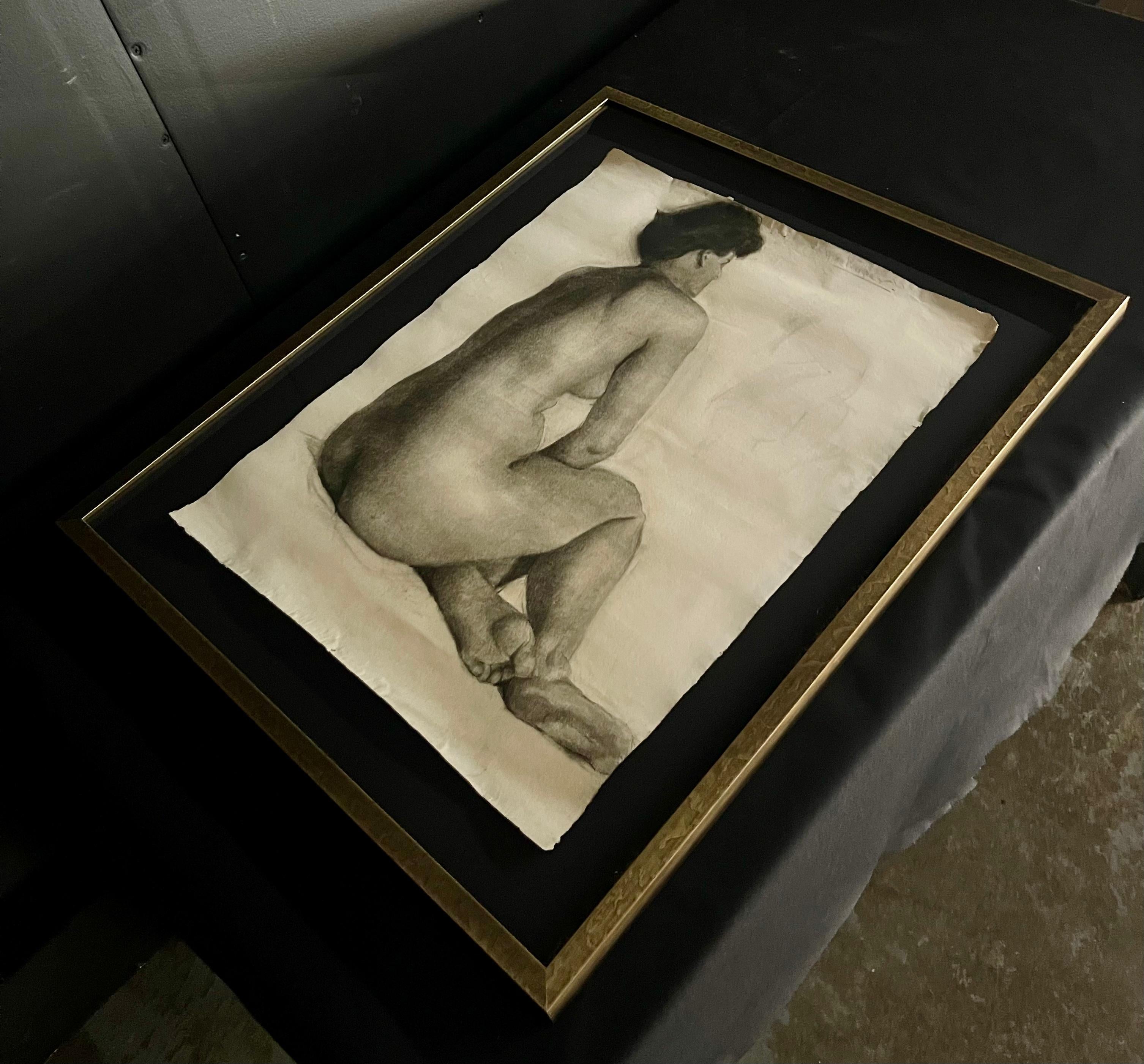 Paper Antique Charcoal Framed Nude Drawing 24x30 For Sale