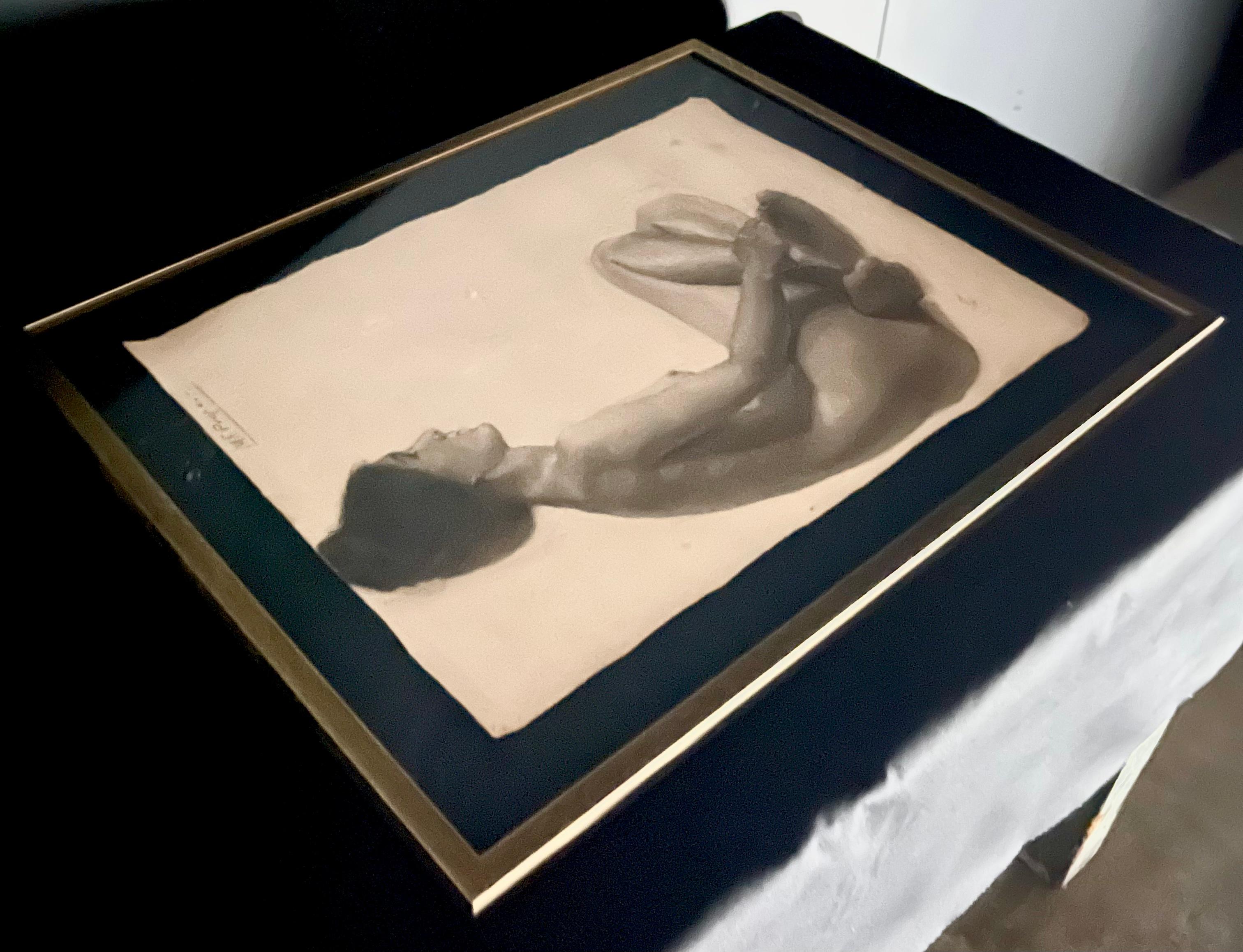 Paper Antique Charcoal Framed Nude Drawing 24x30 For Sale