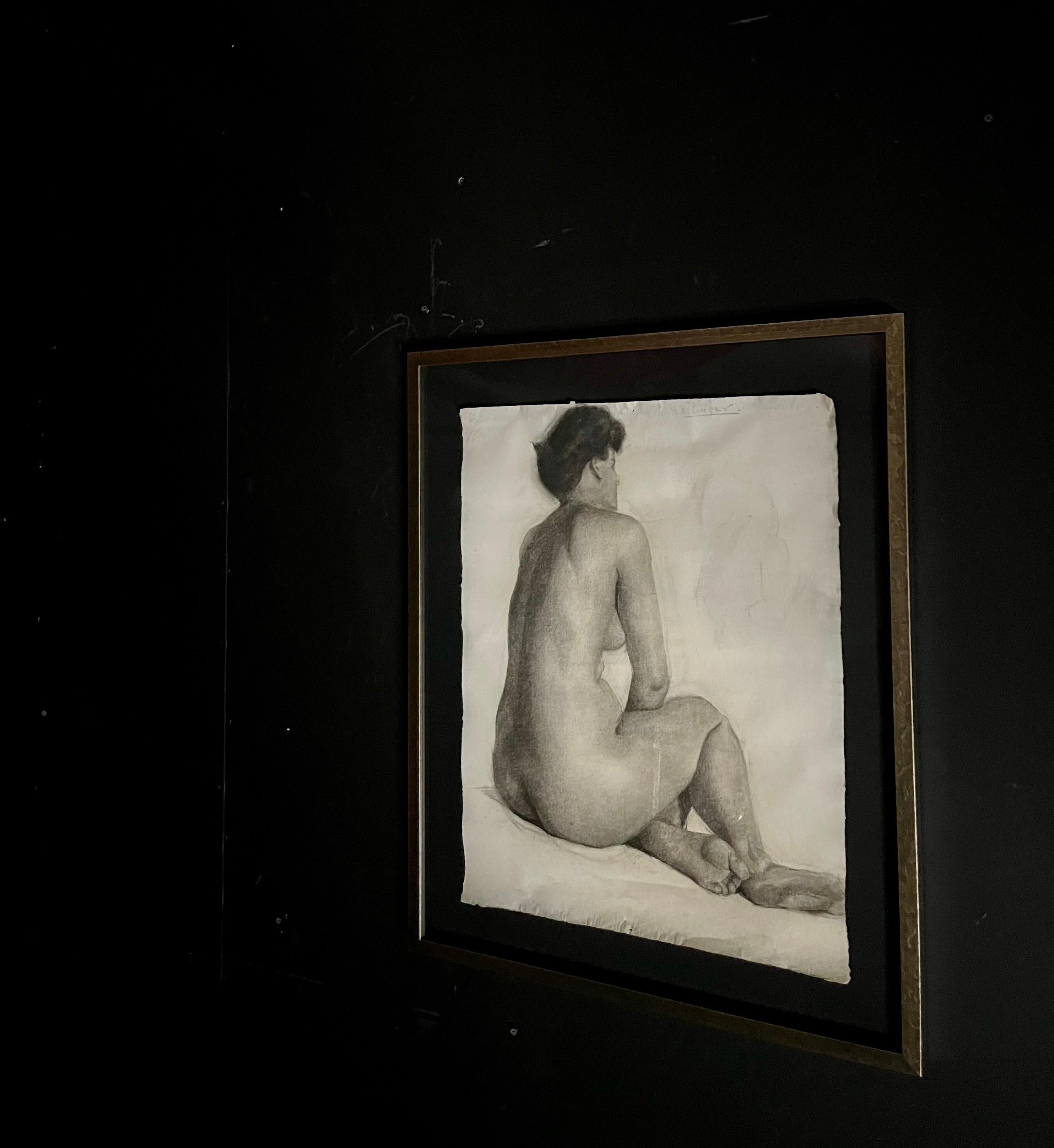 Antique Charcoal Framed Nude Drawing 24x30 For Sale 2