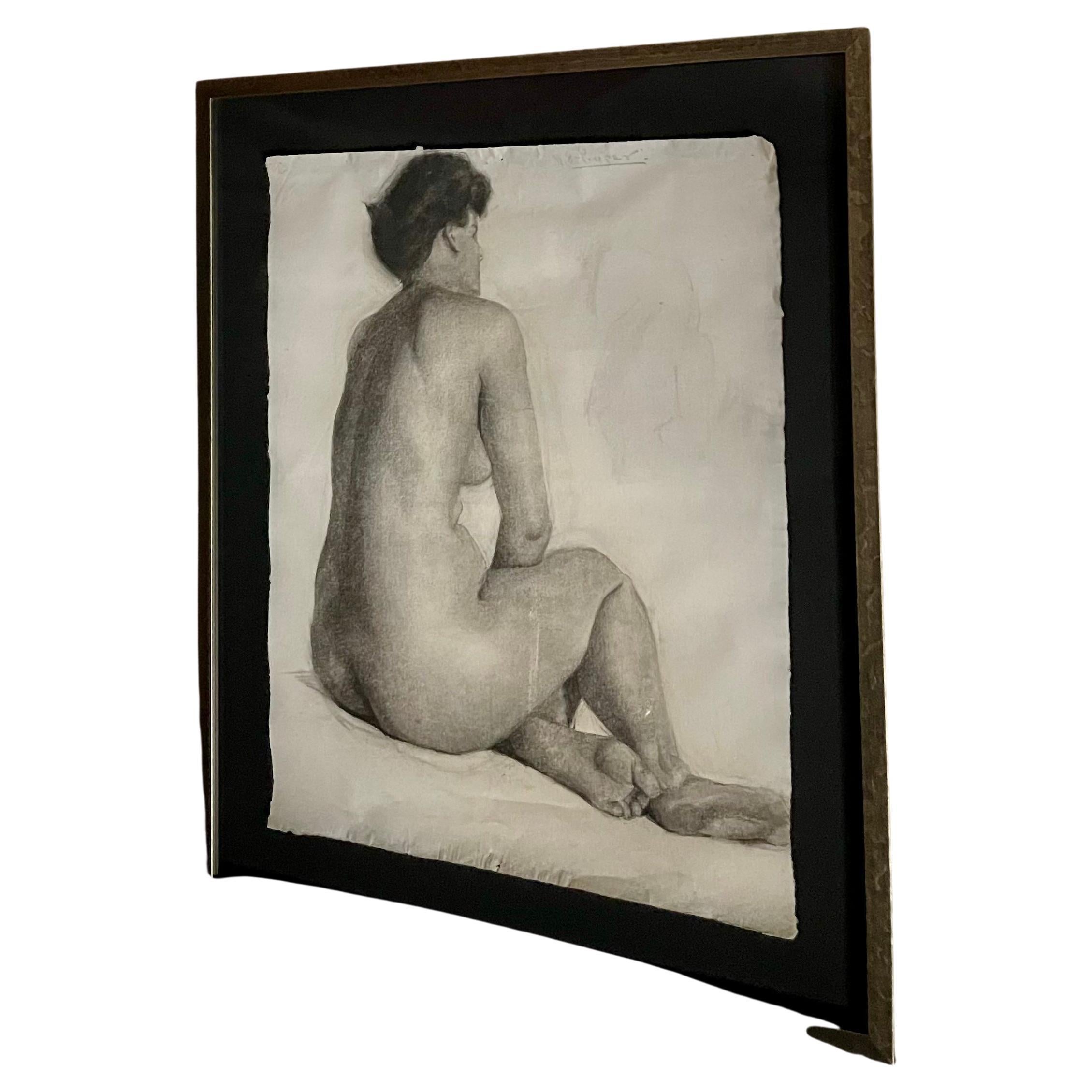 Antique Charcoal Framed Nude Drawing 24x30 For Sale