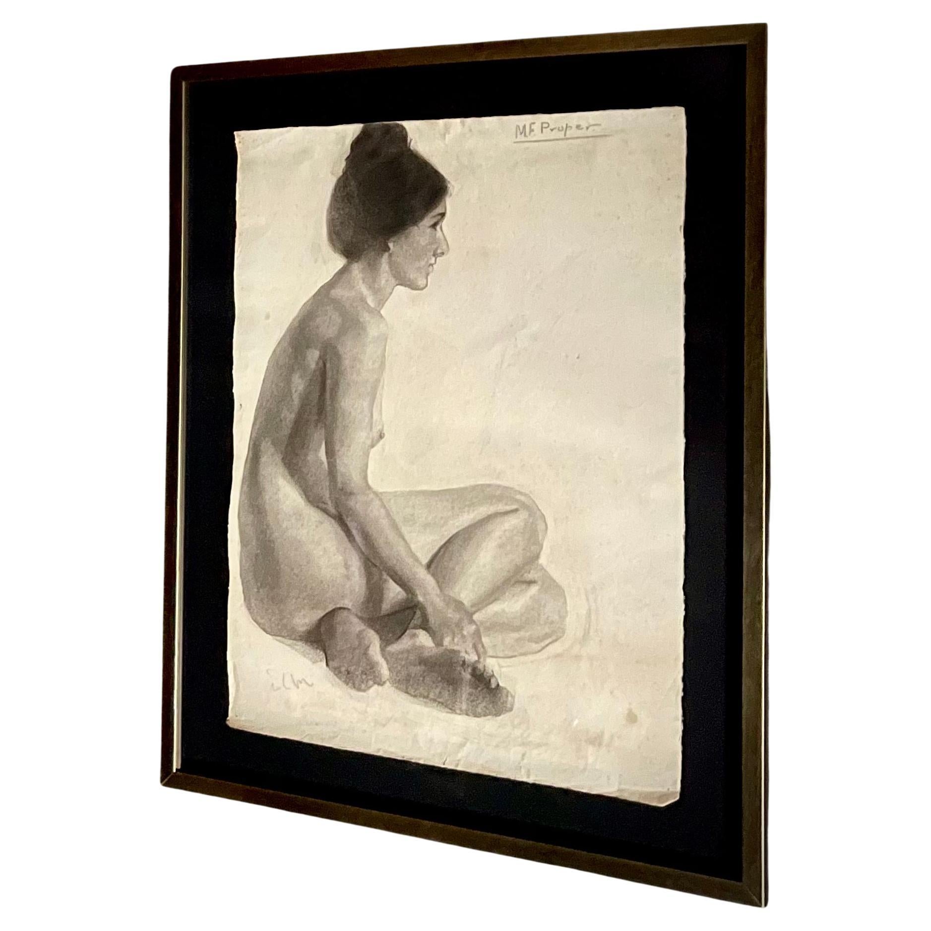 Antique Charcoal Framed Nude Drawing 24x30