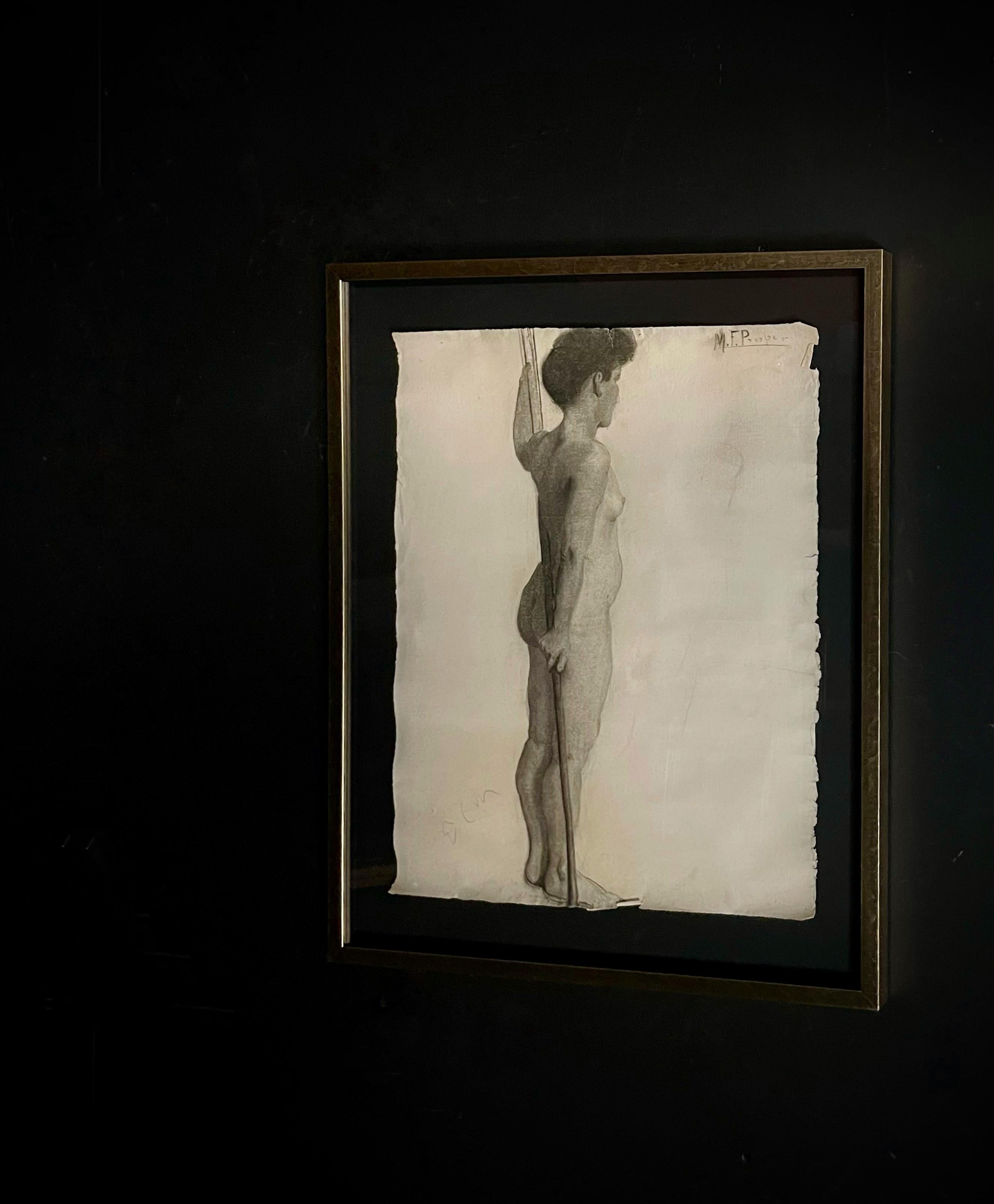 Antique Charcoal Nude Study Drawing. Newly framed and museum mounted. Part of a collection of 6. Five nude drawings, and one portrait. (Please see other listings. We have these listed separately.) Believed to be from the turn of the century, as one
