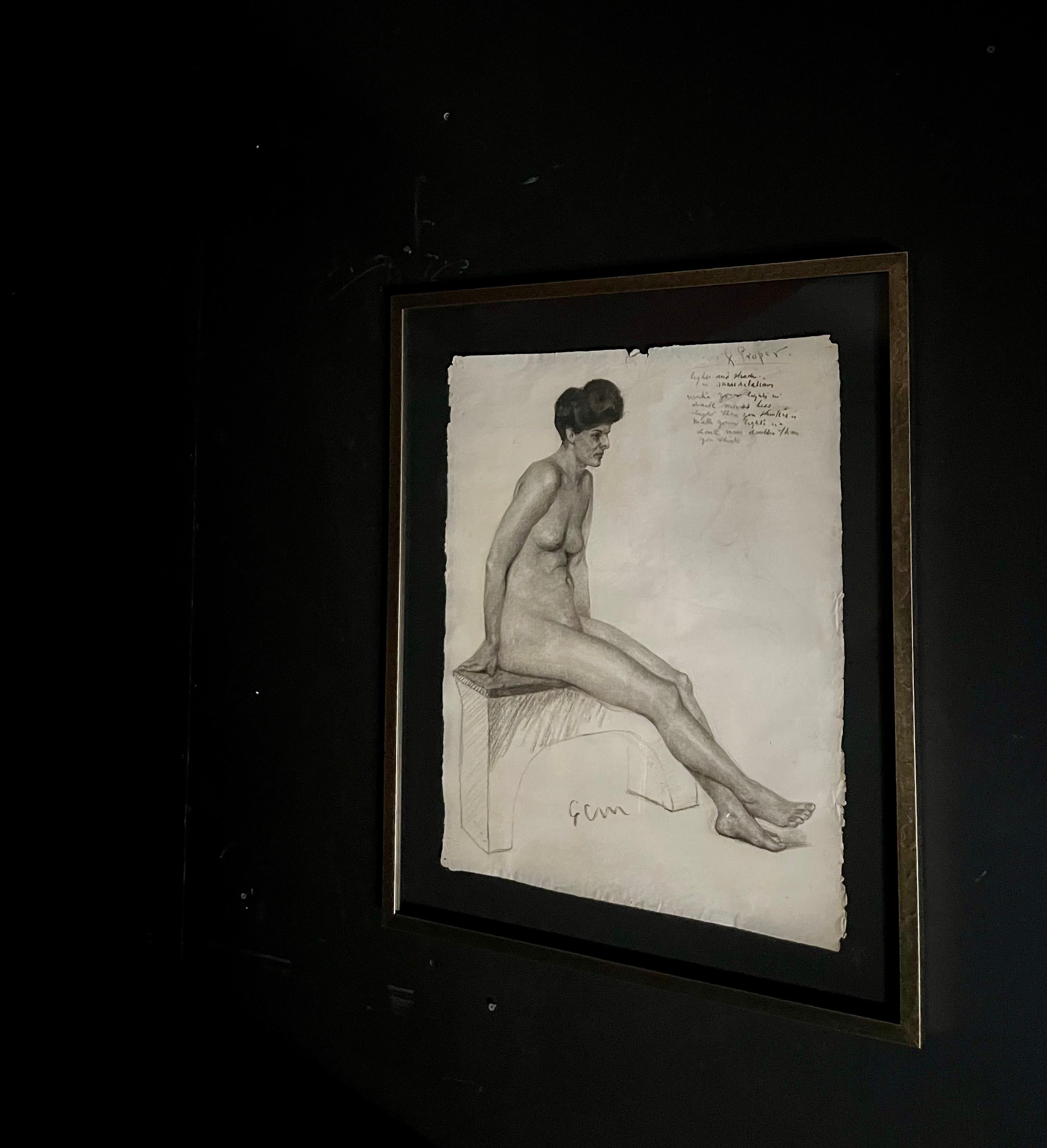 Early 20th Century Antique Charcoal Framed Nude Drawing For Sale