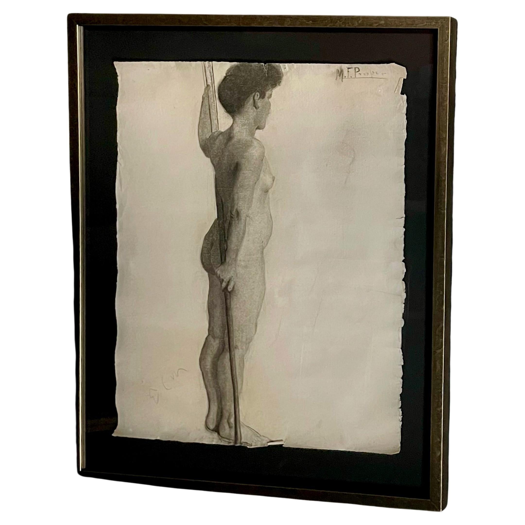 Antique Charcoal Framed Nude Drawing For Sale