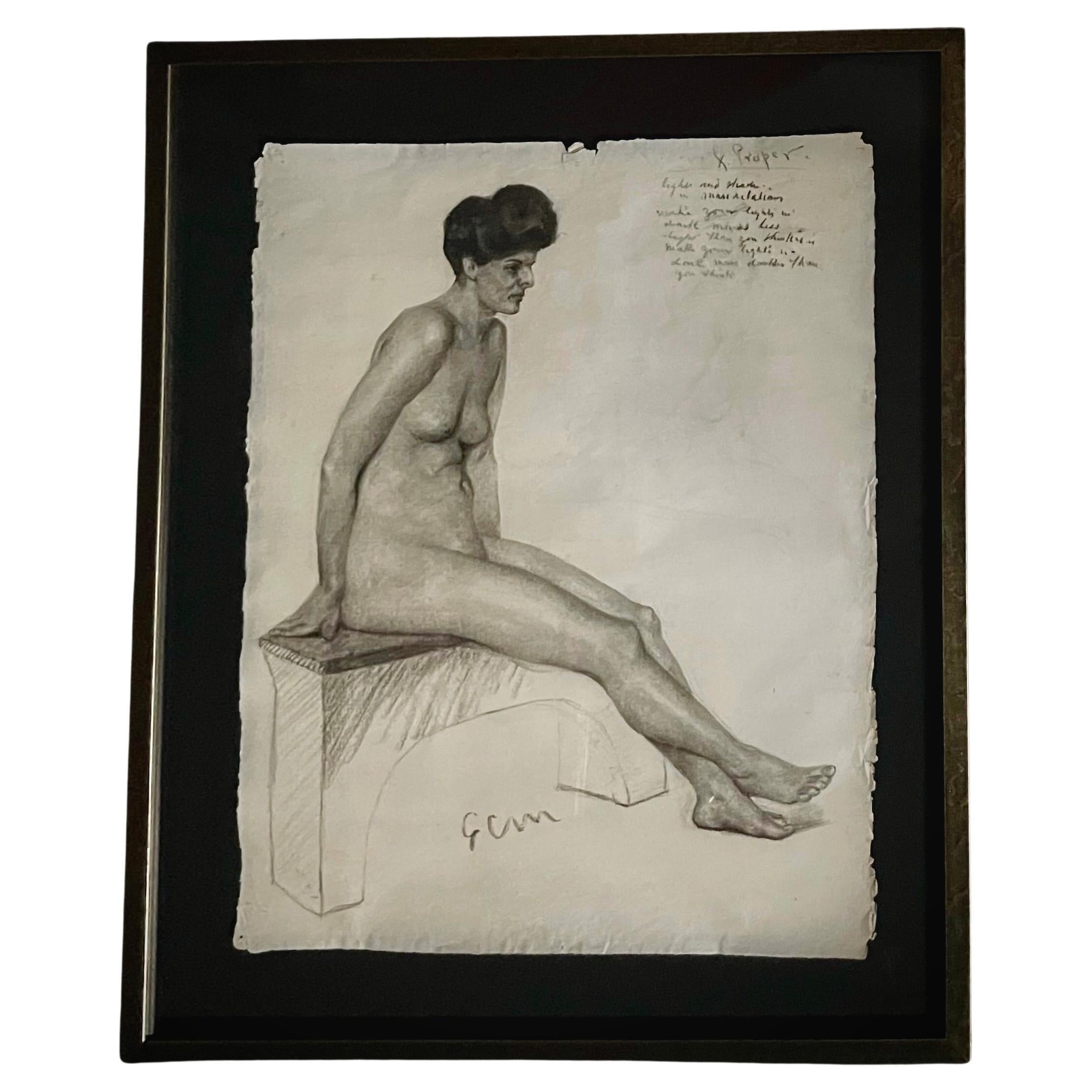 Large Antique Charcoal Framed Nude Drawing 24x30