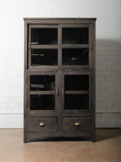 Charcoal Wooden Glass Cabinet with Lower Drawers