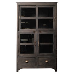 Charcoal Wooden Glass Cabinet with Lower Drawers