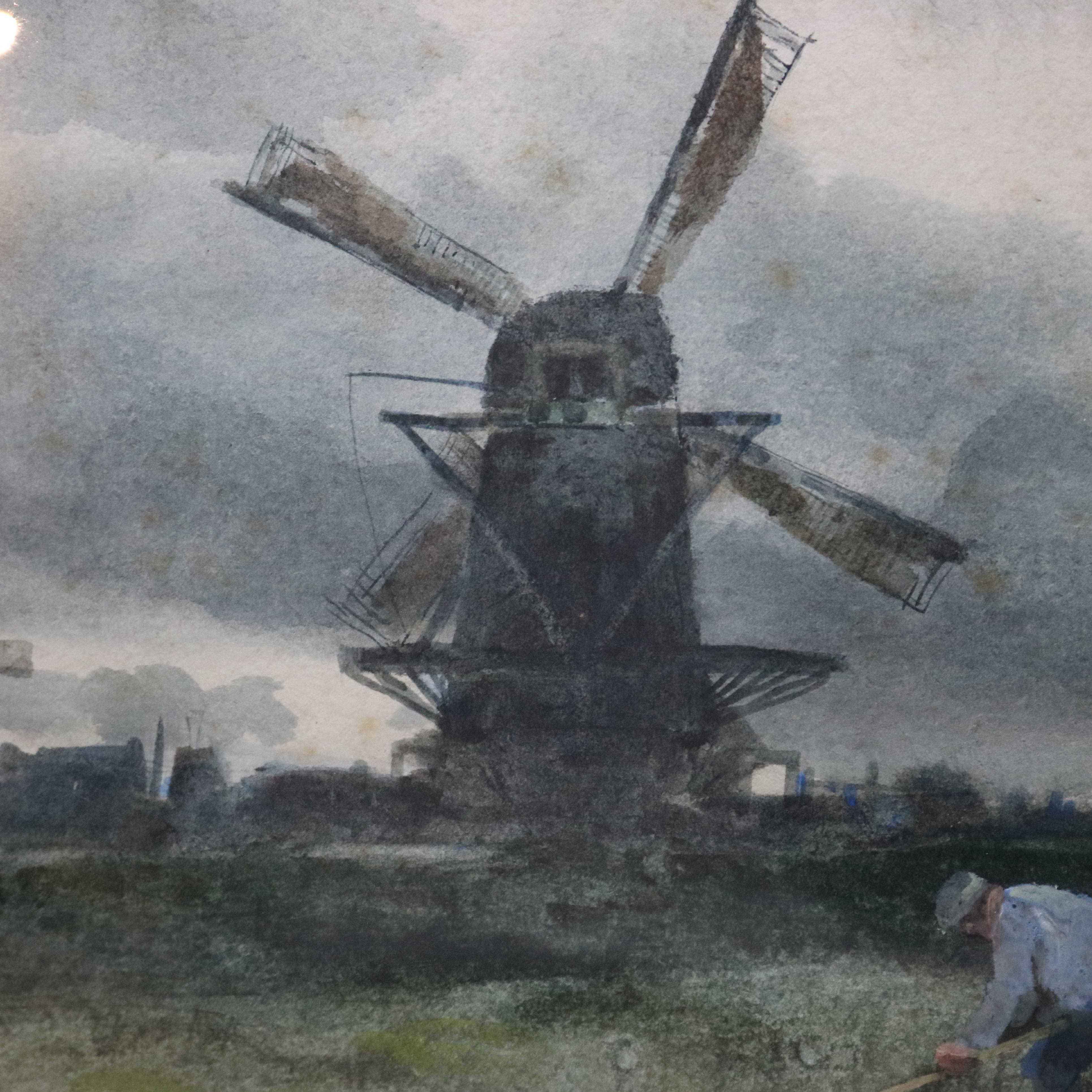An antique watercolor painting by Charles Gruppe depicts Dutch scene with windmill along seashore with figure clamming, artist signed lower left, giltwood framed, circa 1910.

Measures: 22