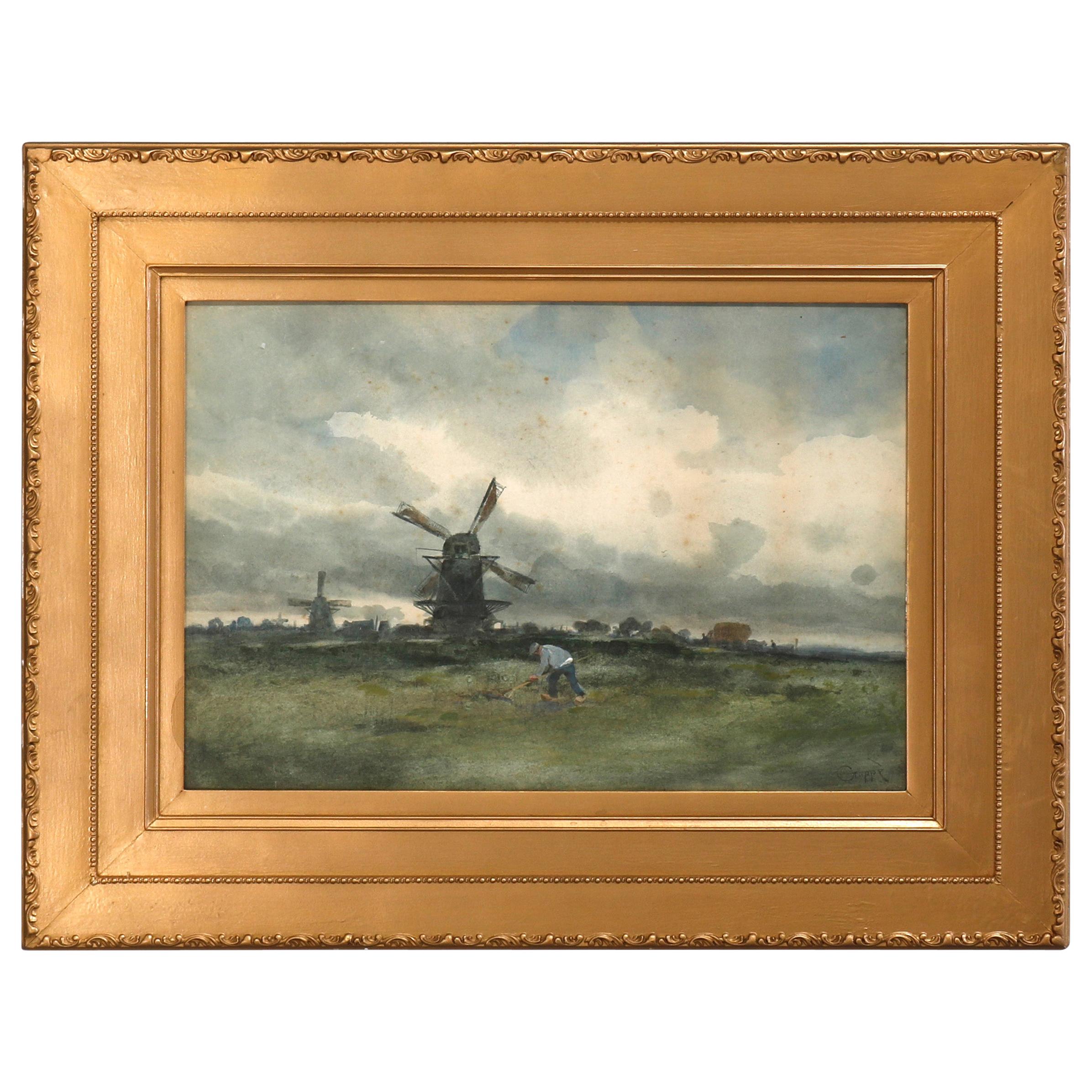 Antique Charles Gruppe Dutch Seashore Watercolor Painting, Signed, circa 1910