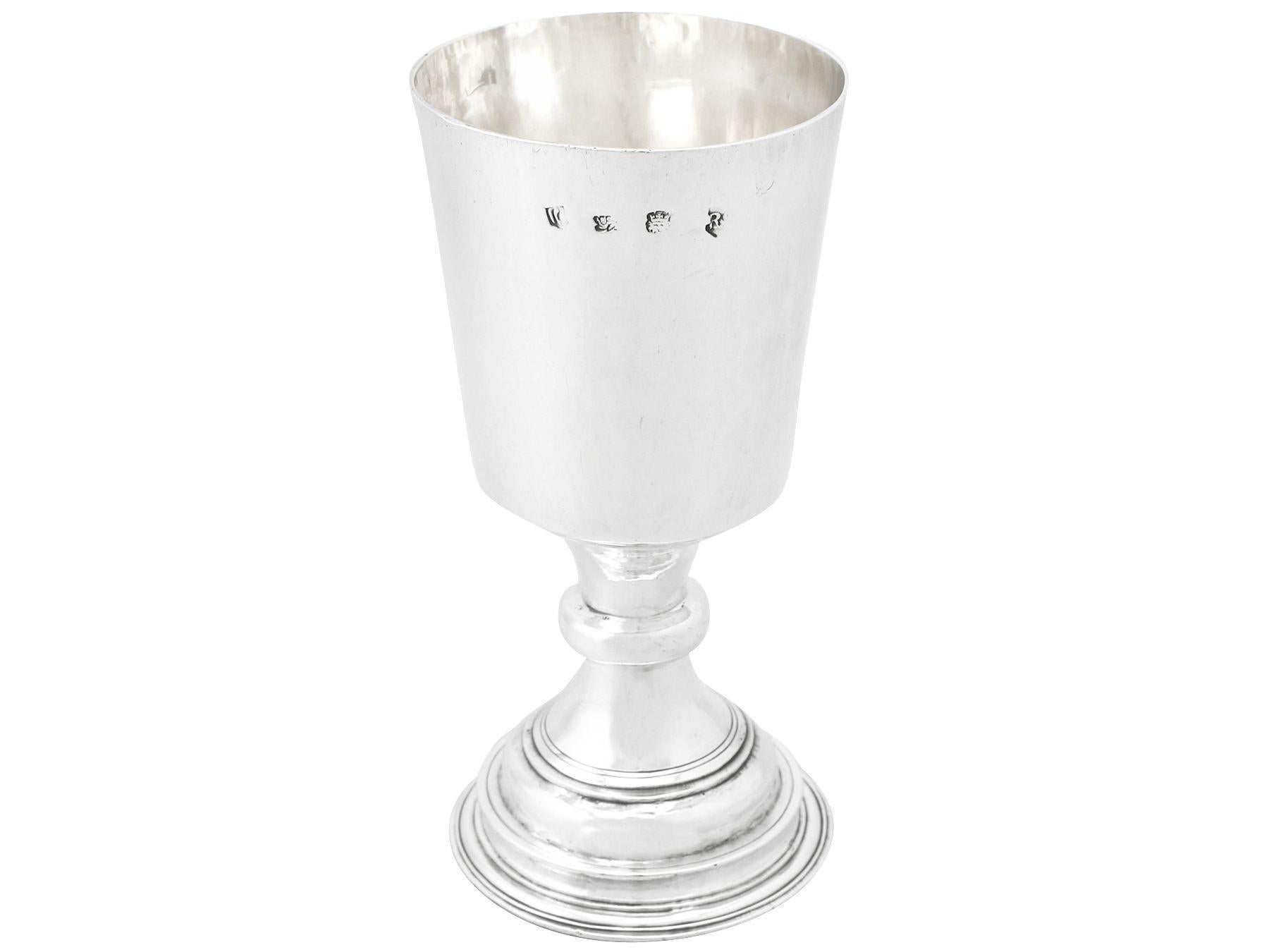 An exceptional, fine and impressive antique Charles I English sterling silver chalice; an addition to our collectable range of 17th century silverware.

This exceptional antique Charles I sterling silver chalice has a tapering cylindrical