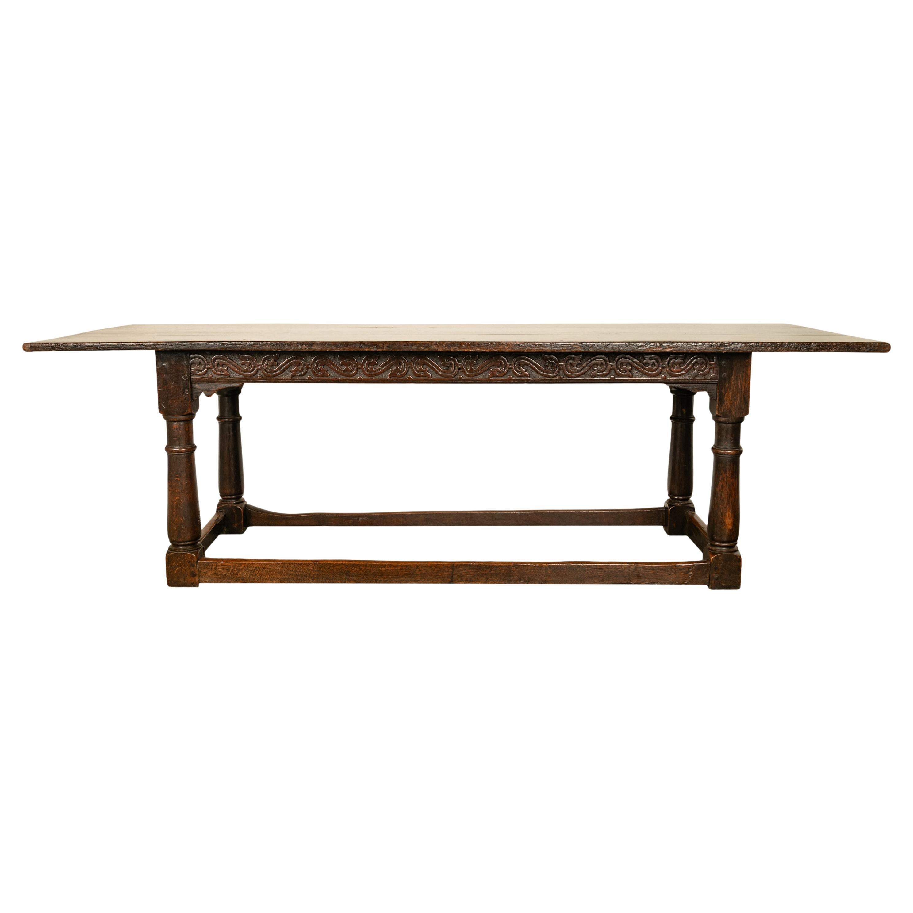 Antique Charles II 17th Century Carved 8ft Oak Refectory Dining table 1680 For Sale