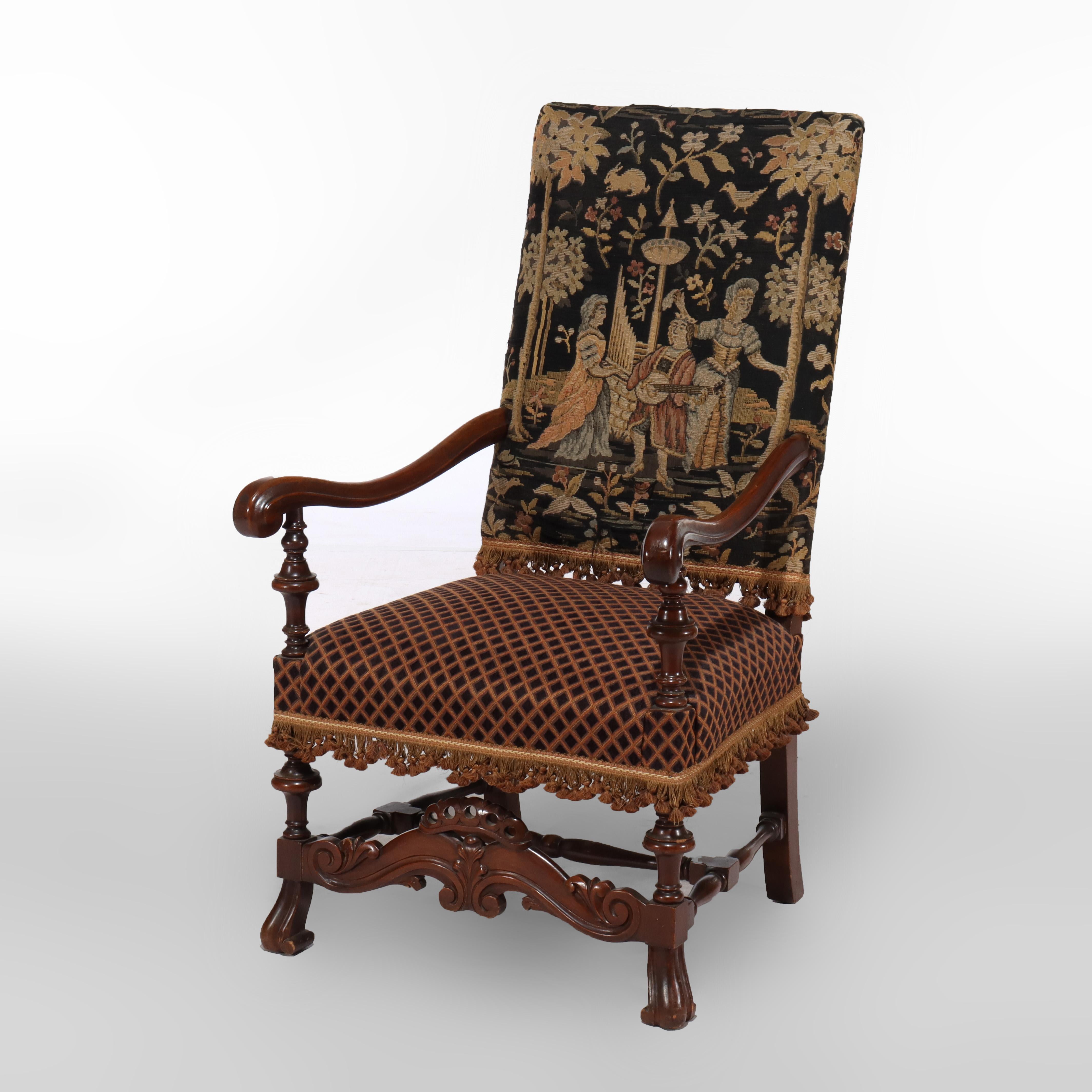 Antiguo Sillón de Trono Carlos II de Caoba Tallada y Tapiz Escénico c1890 en Bueno estado para la venta en Big Flats, NY