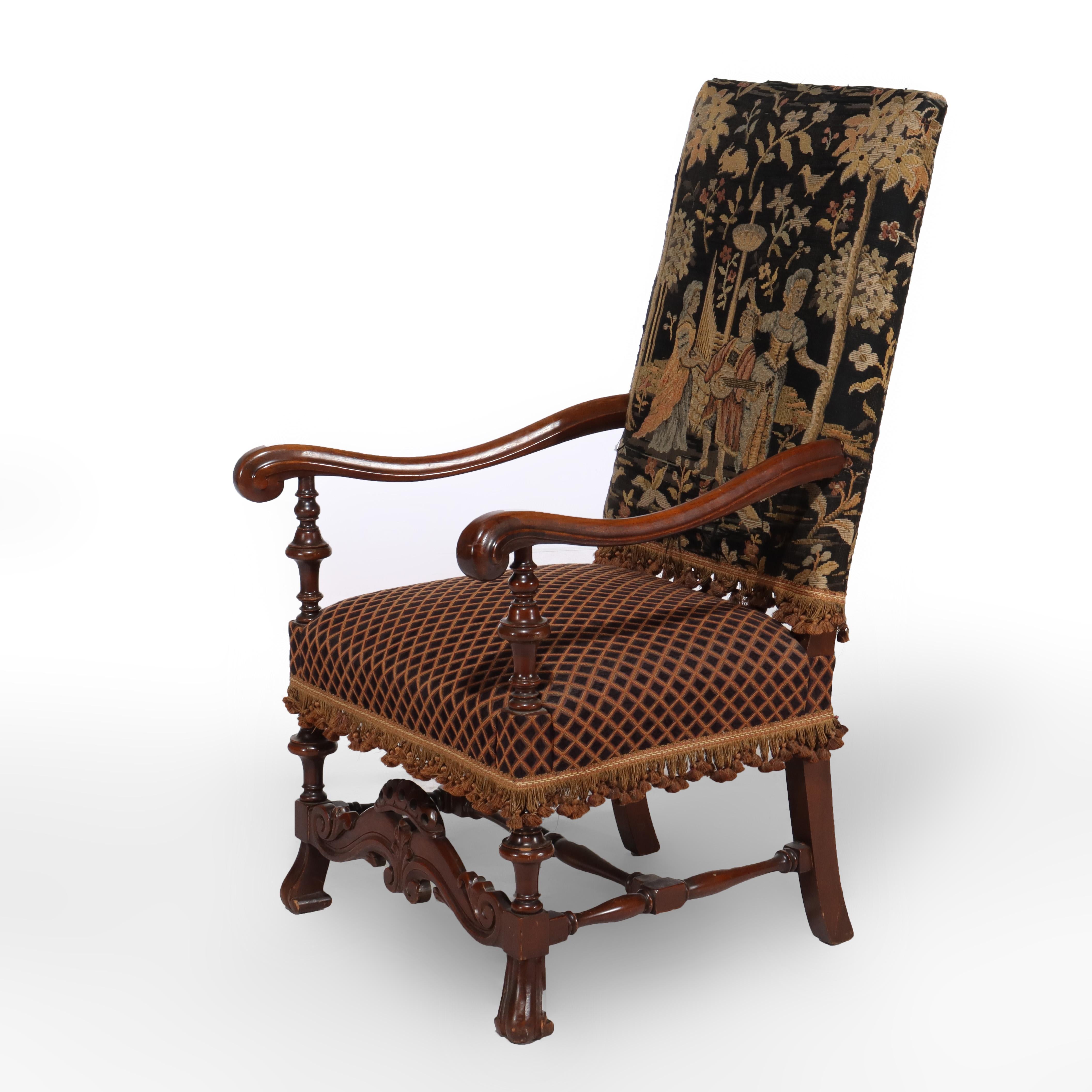 Antiguo Sillón de Trono Carlos II de Caoba Tallada y Tapiz Escénico c1890 siglo XIX en venta